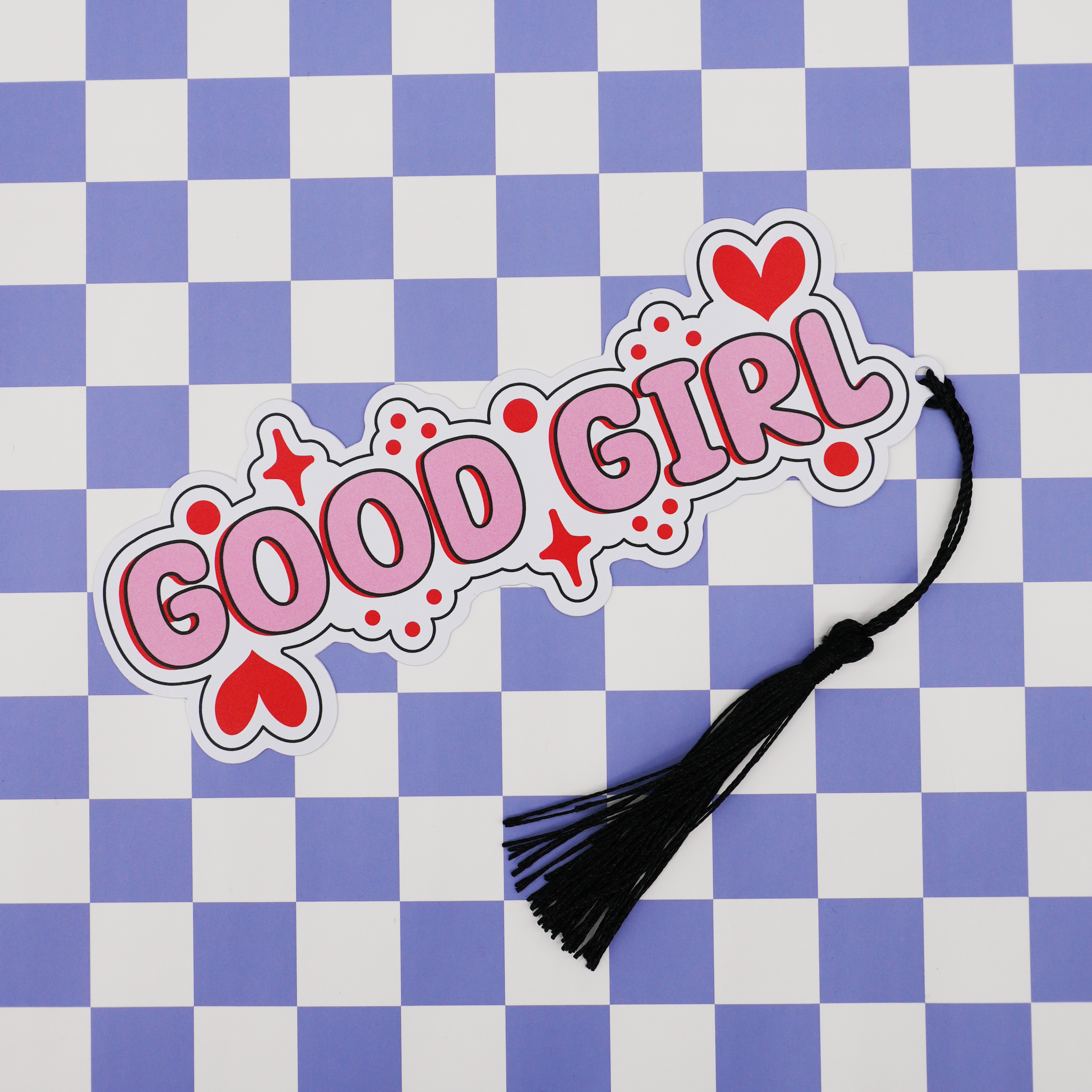Sticker with 'GOOD GIRL' text on a checkered background