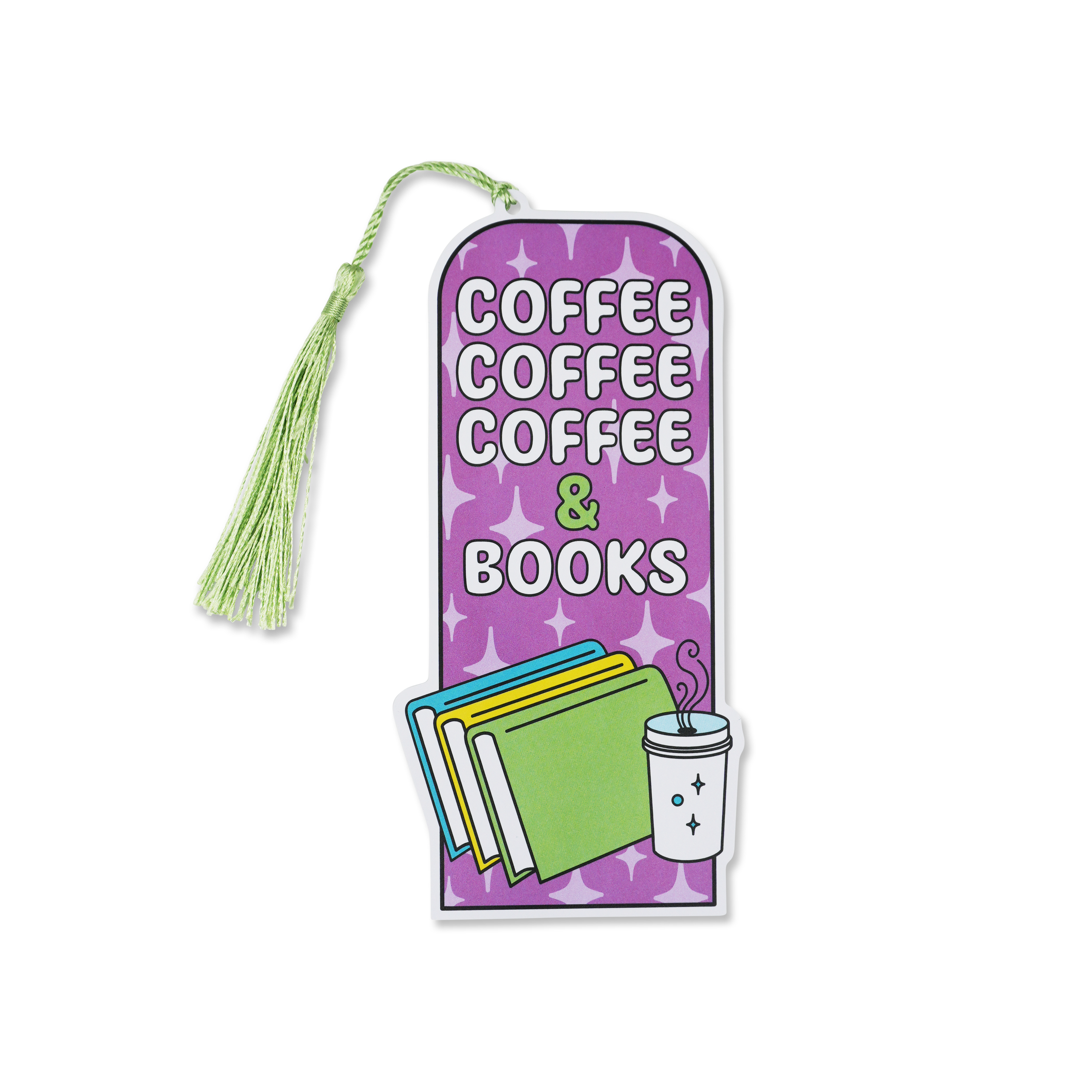Bookmark with 'Coffee Coffee Coffee & Books' text and a tassel on a white background