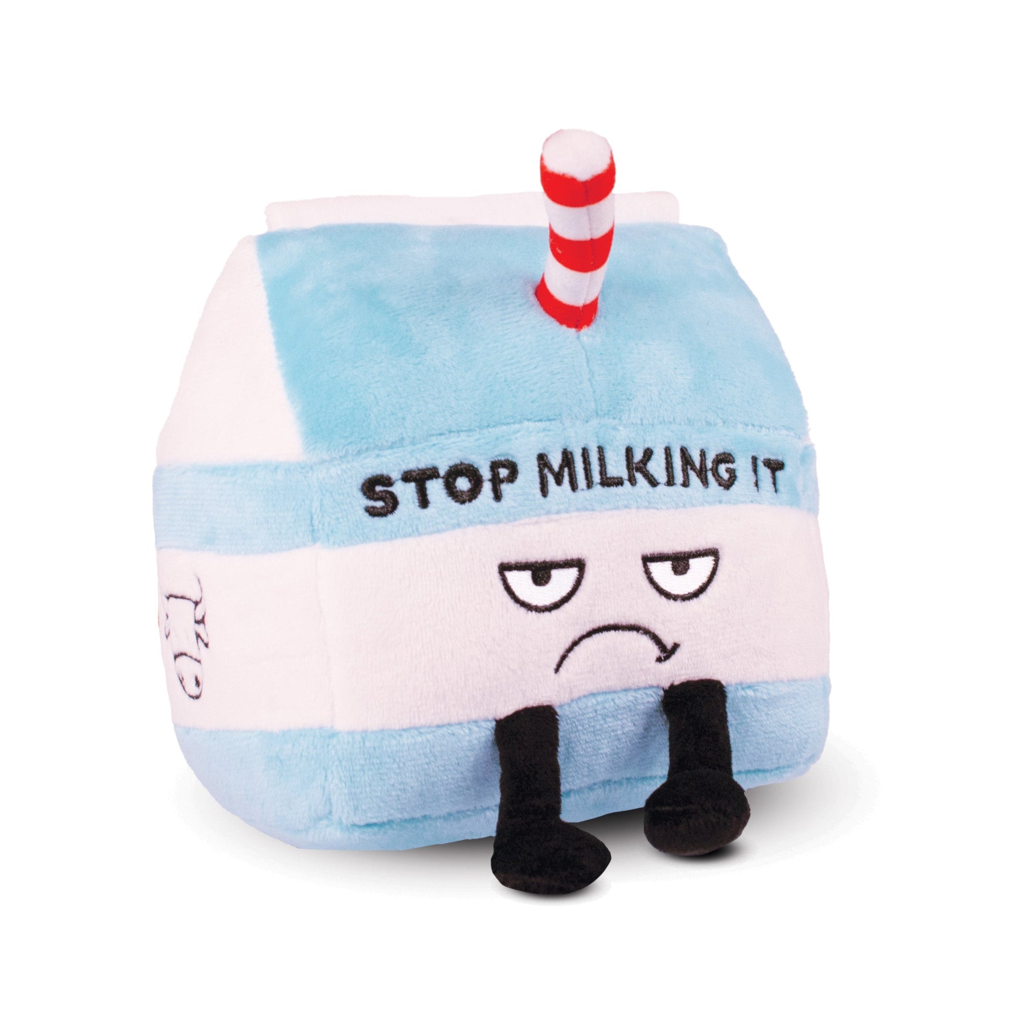 A plush designed to resemble a milk carton with a face, dangly legs, and a red and white striped straw. Written on it is the text 'Stop Milking It.'