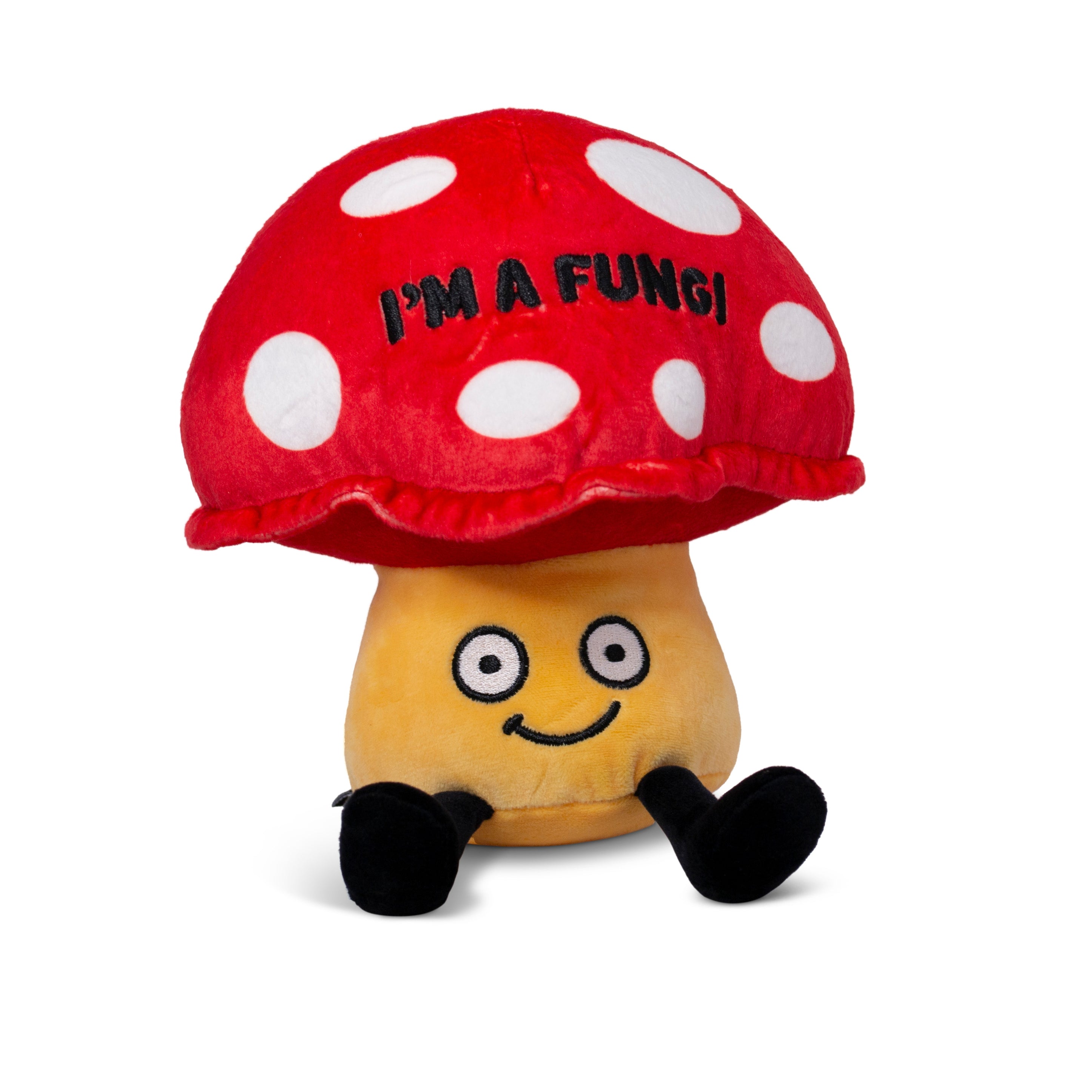 A plush shaped like a red and yellow mushroom with a smiling face and the text 'I'M A FUNGI' on its cap.