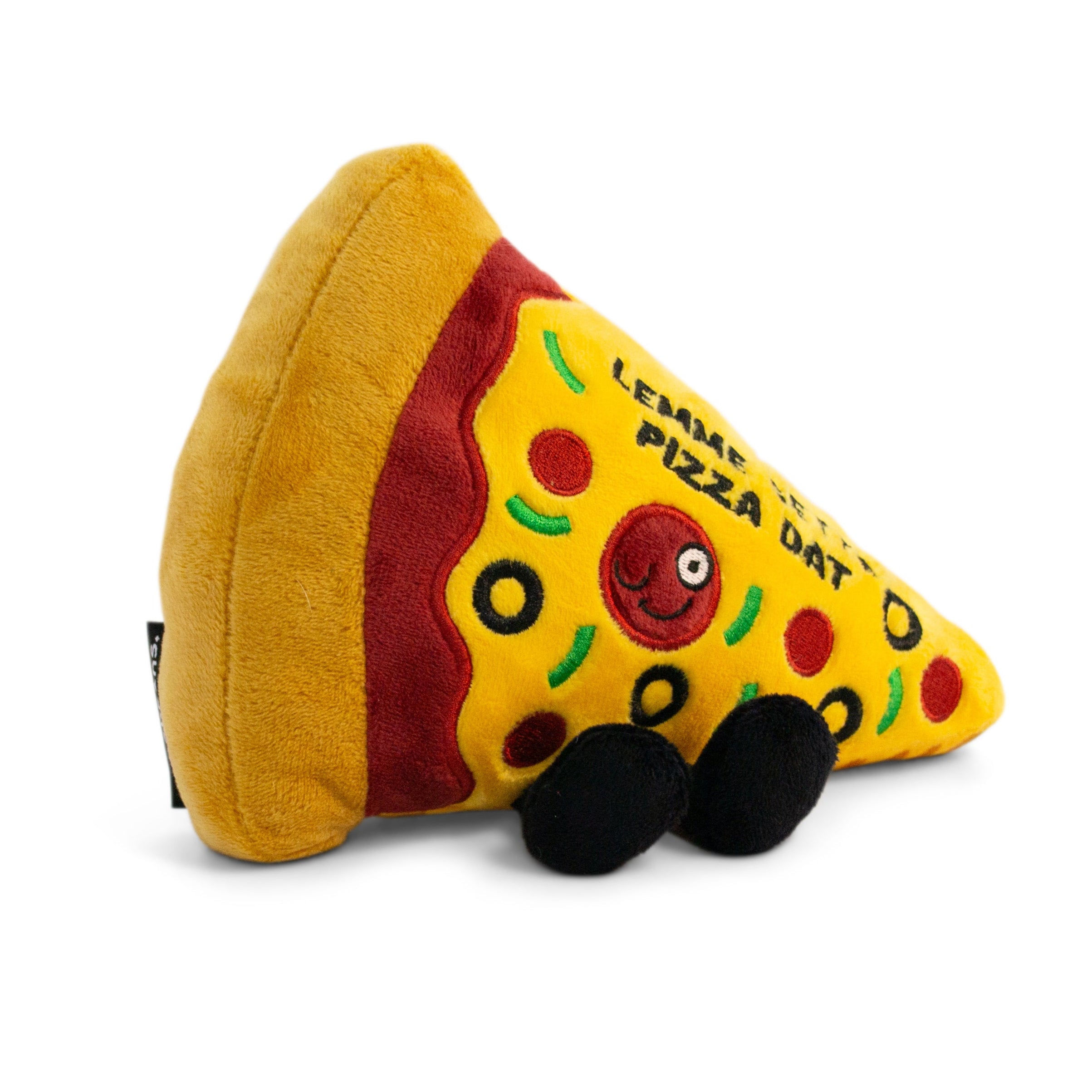 A plush shaped like a slice of pizza with the text 'Lemme get a pizza dat' written on it.
