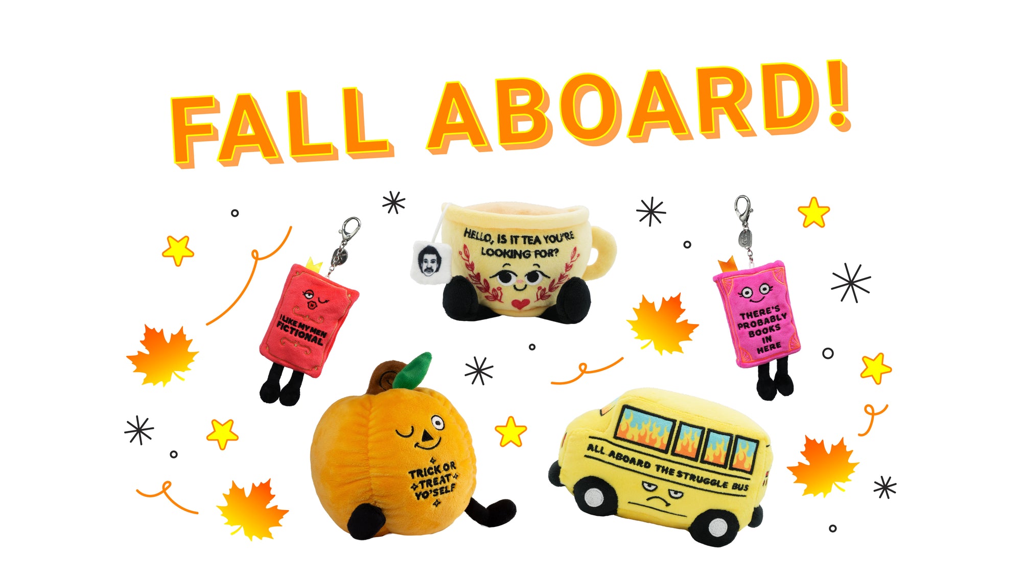 A collection of cute fall-themed plush keychains and a mug shown on a white background with 'FALL ABOARD!' text and autumn leaves. The items include a yellow school bus, an orange pumpkin, a pink book character, and a beige mug with a cat.