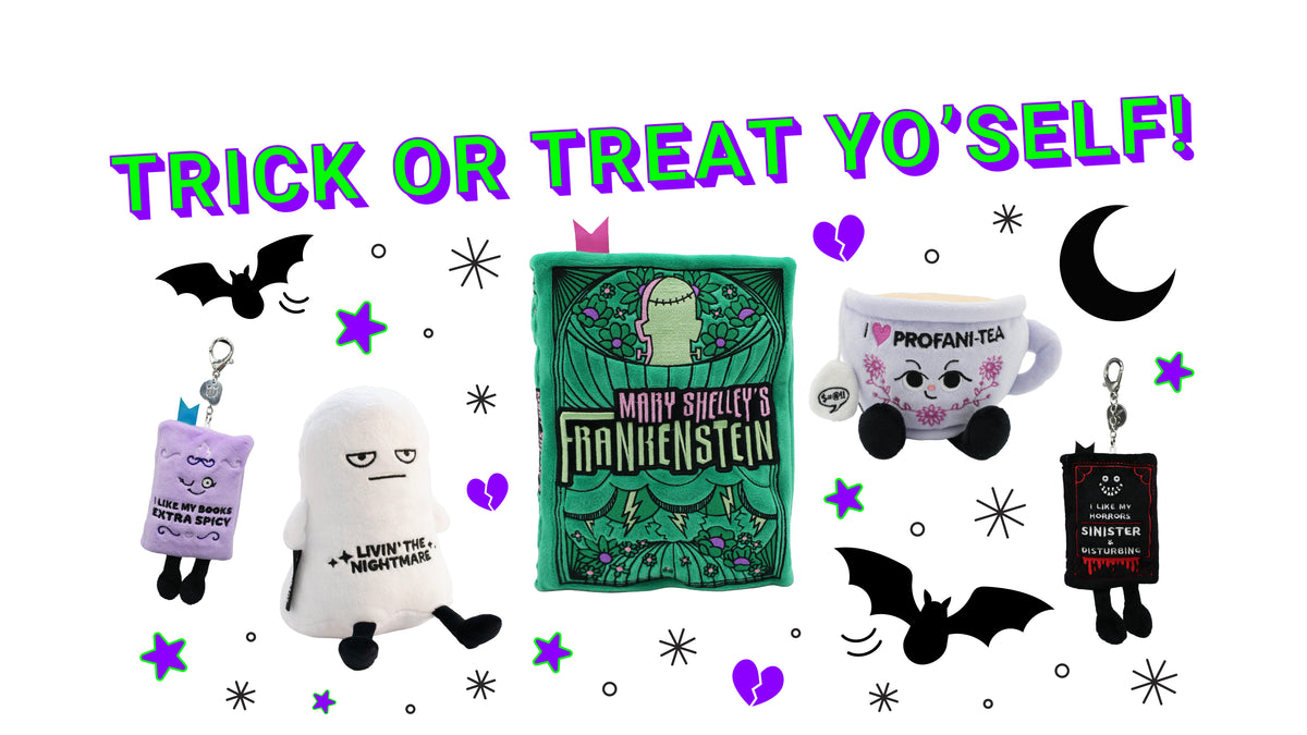 A Halloween-themed promotional graphic with the text 'TRICK OR TREAT YO'Self!' at the top and four novelty keychain/charming products arranged below on a white background. 
