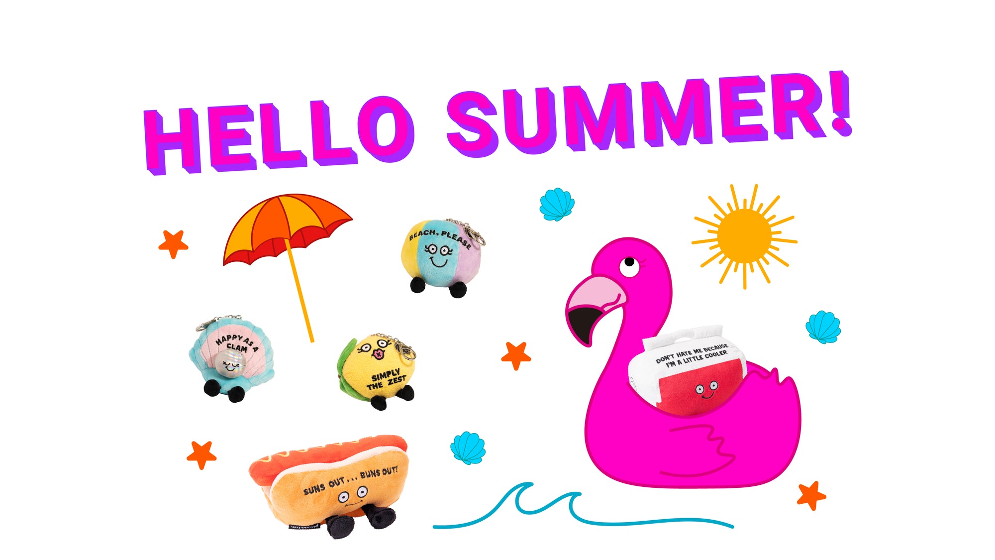 Illustrations of a flamingo, beach ball, and hot dog with 'Hello Summer!' text on a white background.
