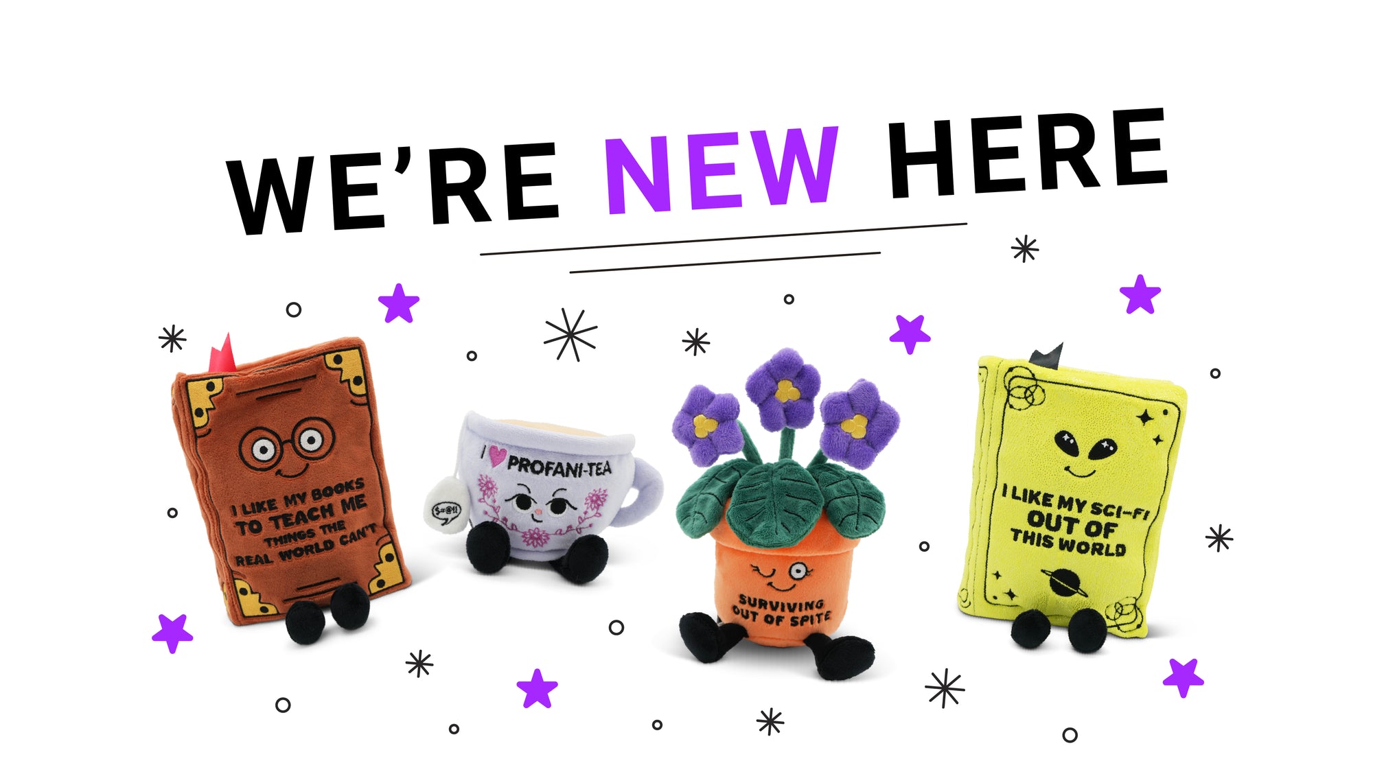 Five cartoon-style items with text on a white background, featuring the phrase 'WE'RE NEW HERE'.