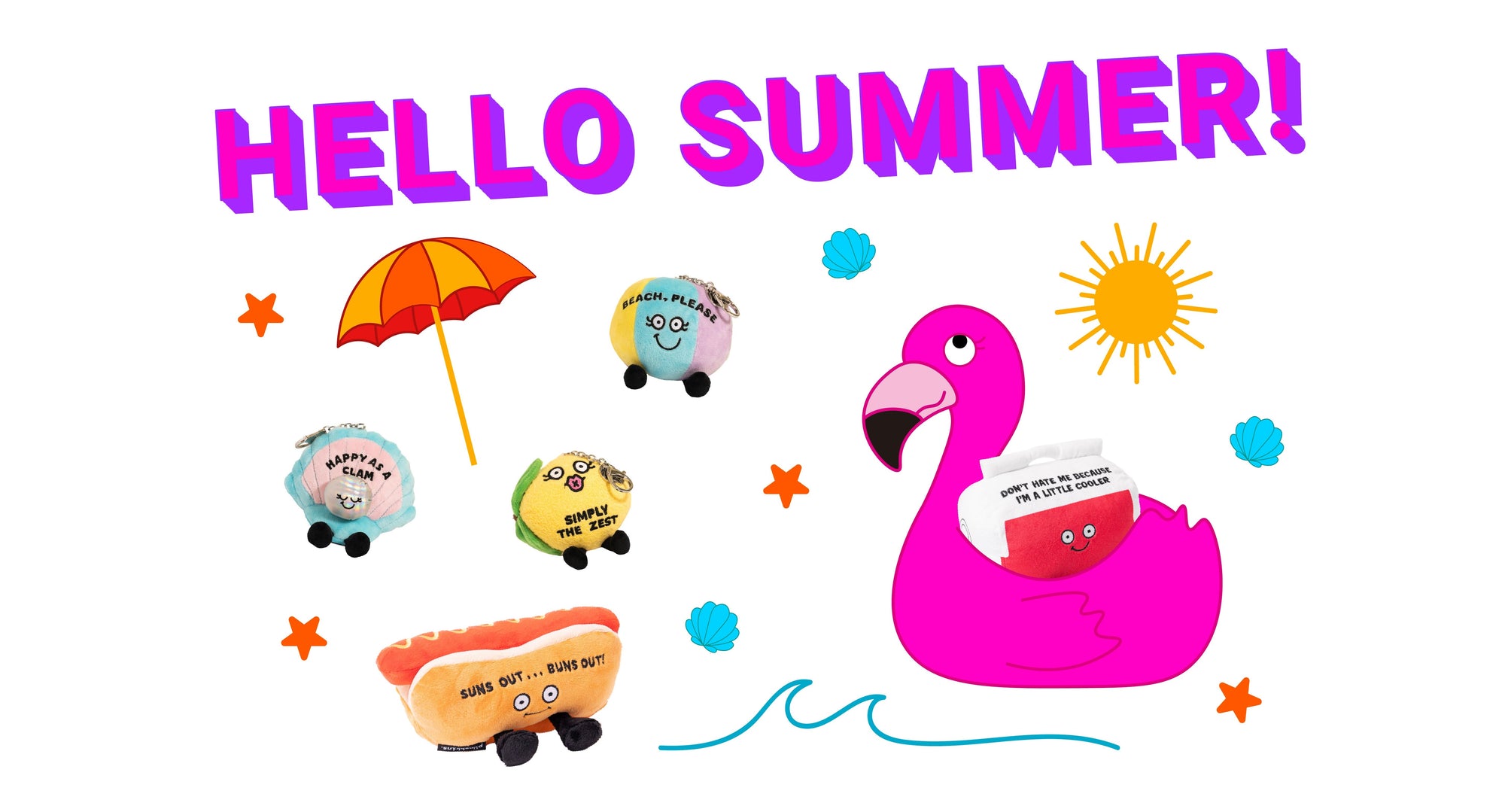 Colorful summer-themed illustration with 'HELLO SUMMER!' text, flamingo floatie, beach ball, and other beach items on a white background.