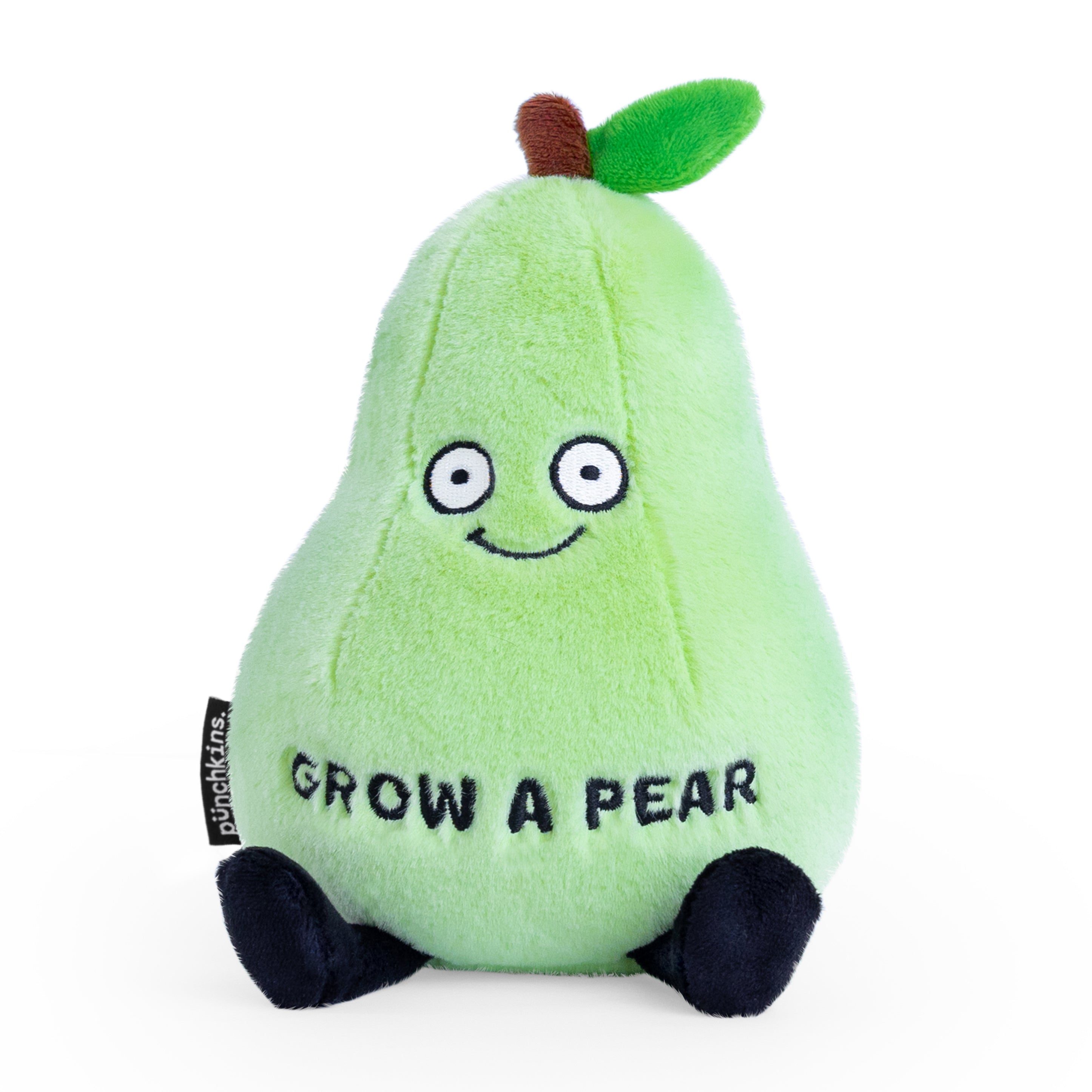 A plush shaped like a green pear featuring a smiling face and the text 'GROW A PEAR' written on it.