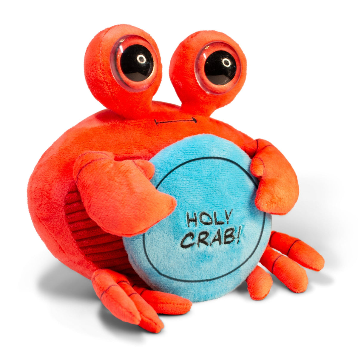 A plush shaped like a crab holding a sign with the text 'HOLY CRAB!' in a standing position.