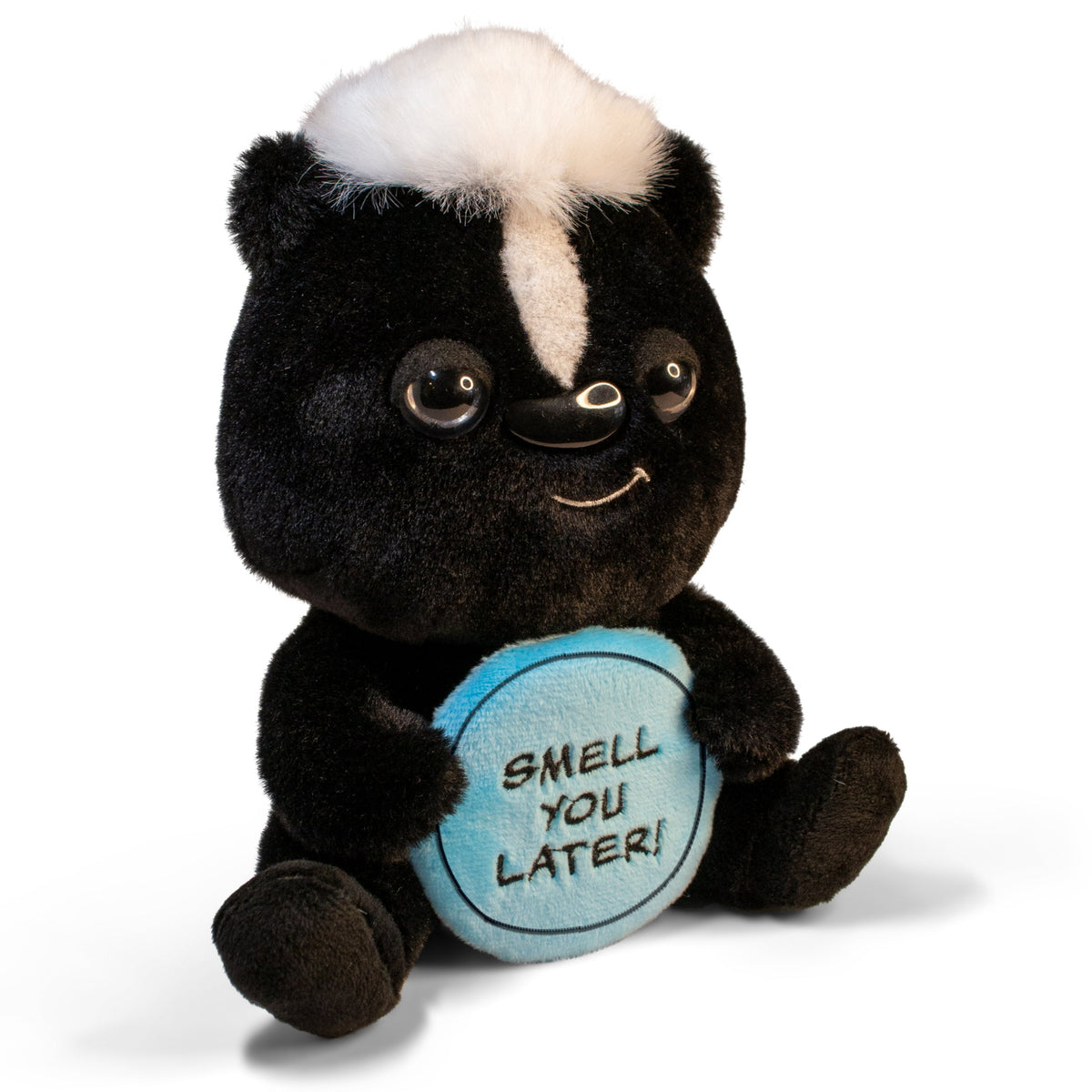 A plush resembling a skunk holding a sign that reads 'SMELL YOU LATER'.