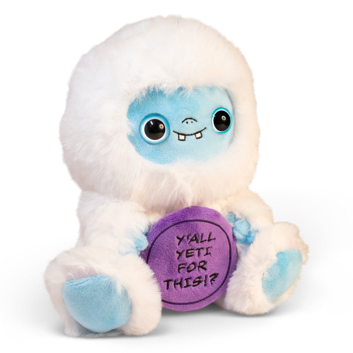A plush depicting a yeti with white fur, blue eyes, and holding a purple sign with text that reads, 'Y'all yeti for this!?'