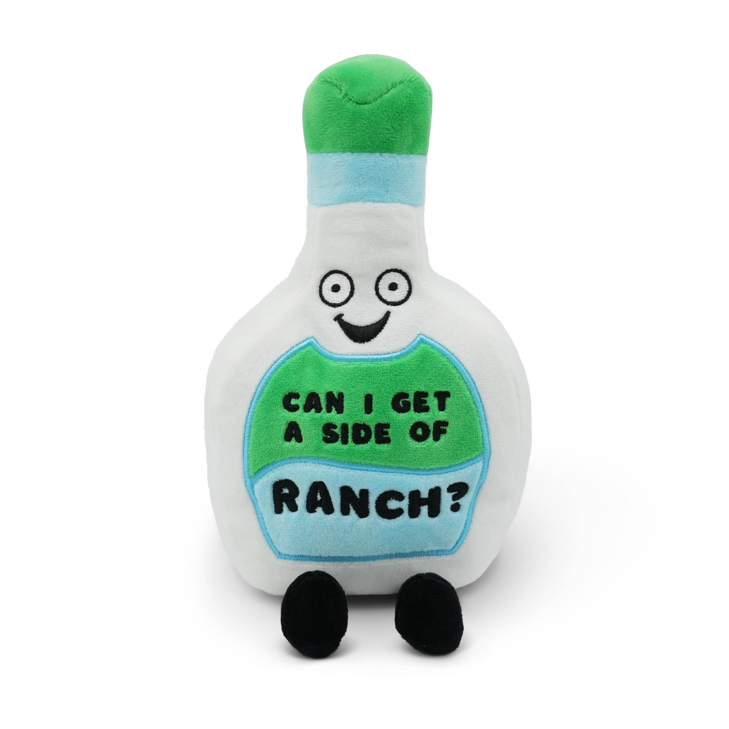 Plush toy resembling a bottle of ranch dressing with the phrase 'can I get a side of ranch' written on it on a white background.