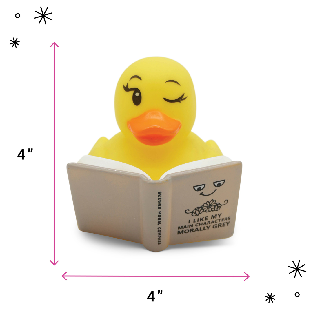 Yellow rubber duck reading a book with dimensions indicated