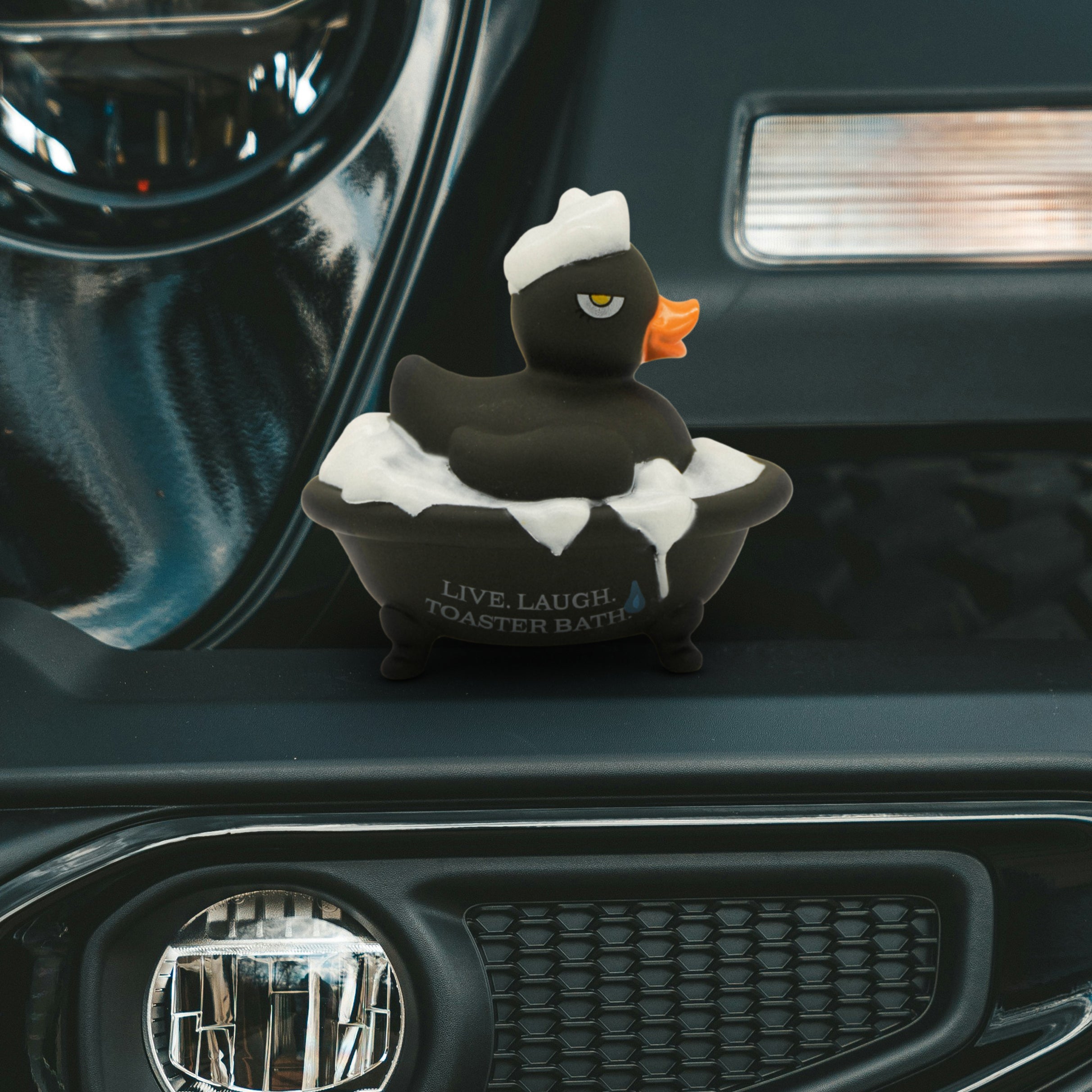 Black duck in a bathtub with 'Live Laugh Toaster Bath' text on a car dashboard.