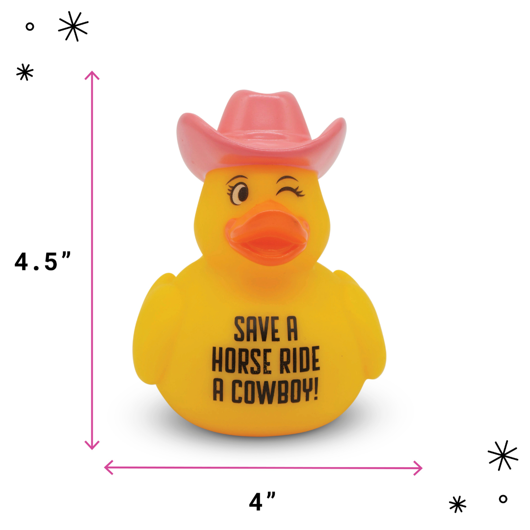 Yellow rubber duck with pink cowboy hat and text 'Save a horse, ride a cowboy!' with measurements on a white background.