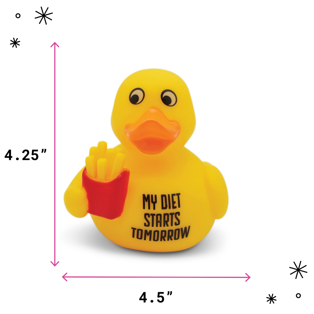Yellow rubber duck holding fries with 'My Diet Starts Tomorrow' text, shown with measurements on a white background.