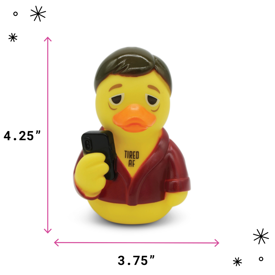 Yellow rubber duck wearing a robe holding a phone with text, shown with dimensions on a white background.