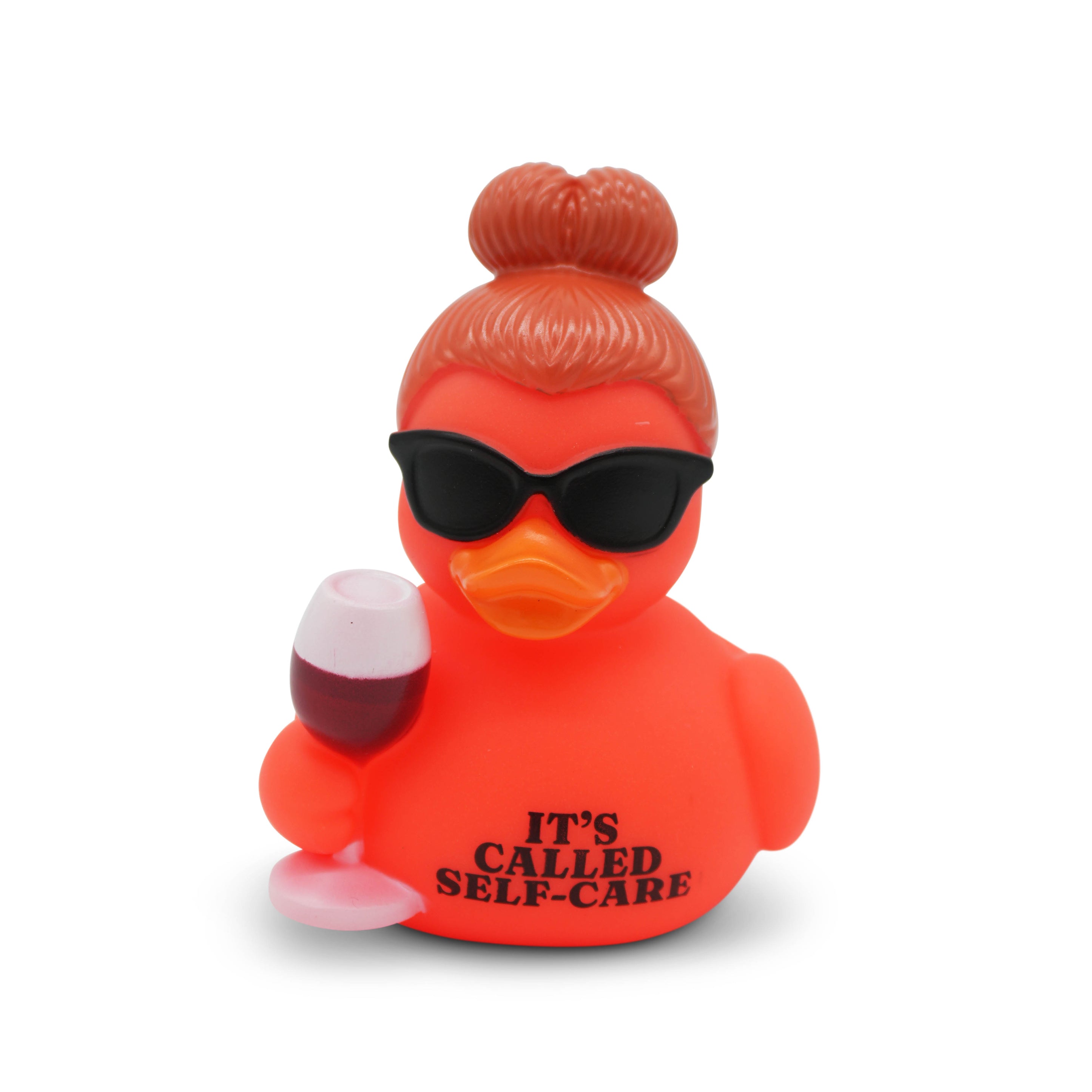 Red rubber duck with sunglasses and a glass of wine with the text 'It's Called Self-Care' on a white background.