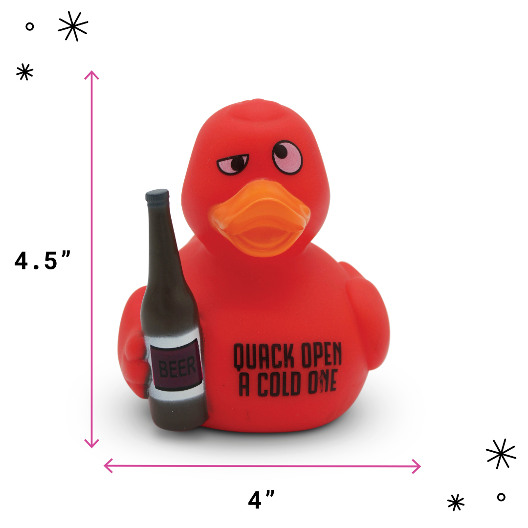 Red rubber duck holding a beer bottle shown with measurements on a white background.