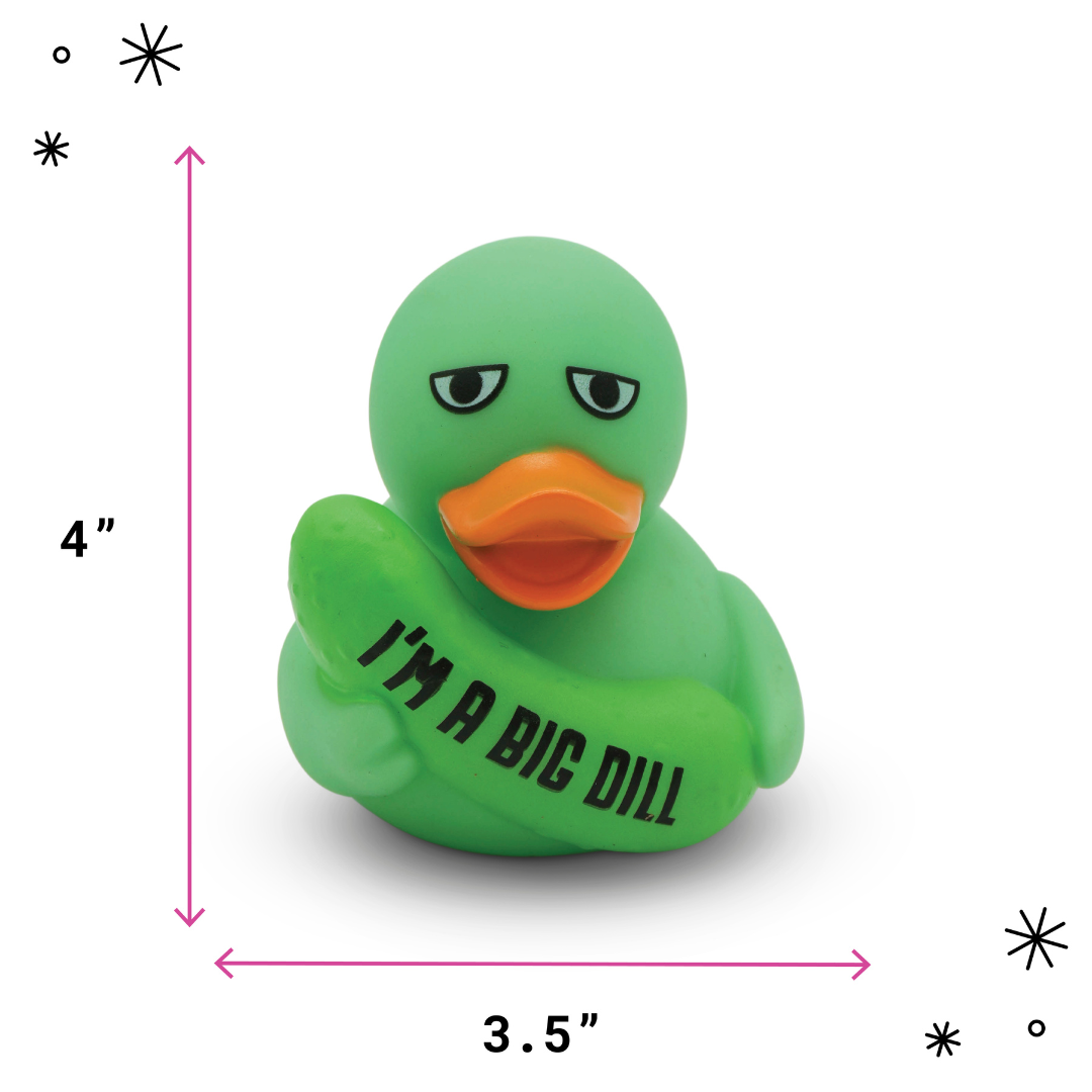 Green rubber duck holding a pickle with 'I'm a Big Dill' text with measurements on a white background