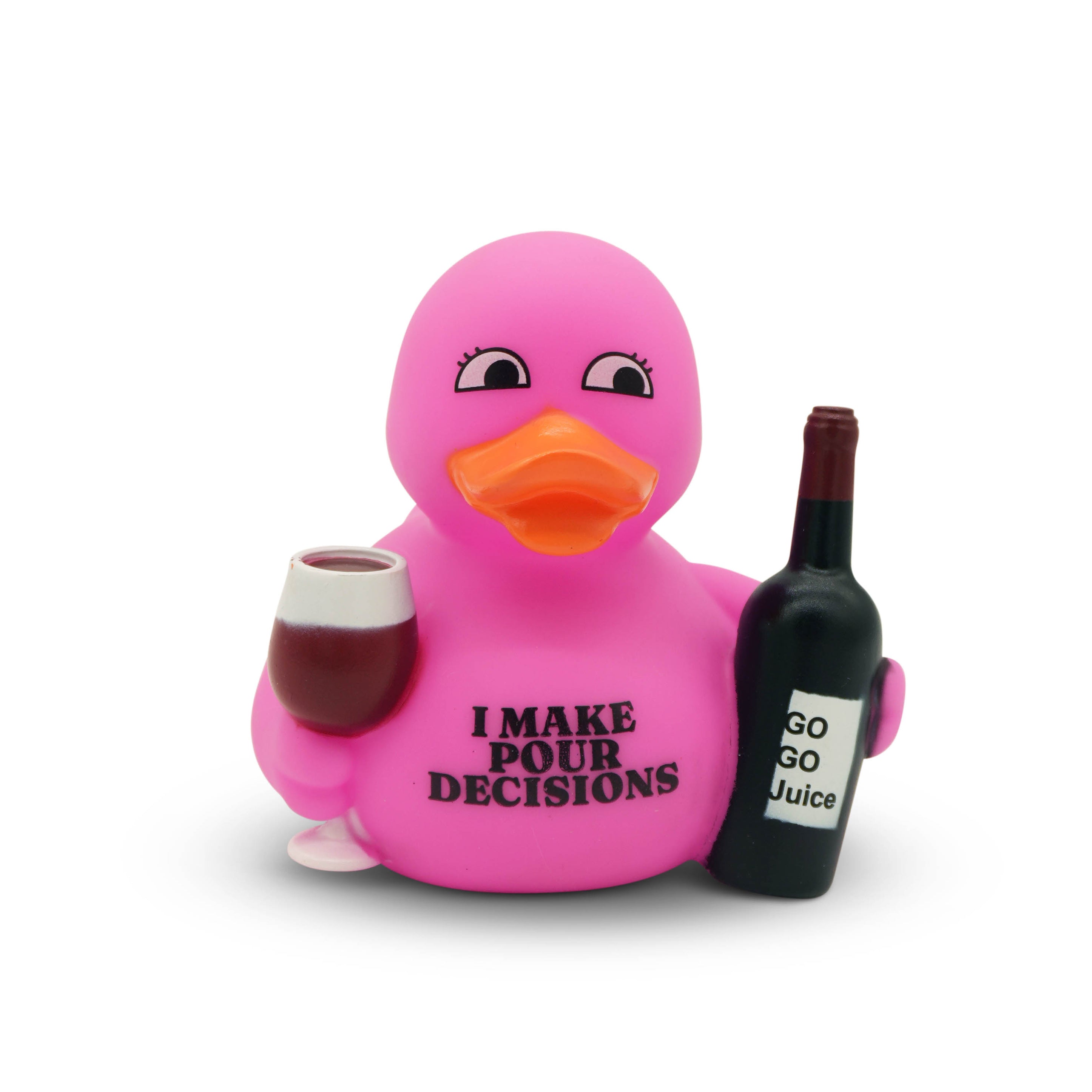 Pink rubber duck that reads "I make pour decisions" holding a glass of wine and a bottle labeled 'Go Go Juice' on a white background.