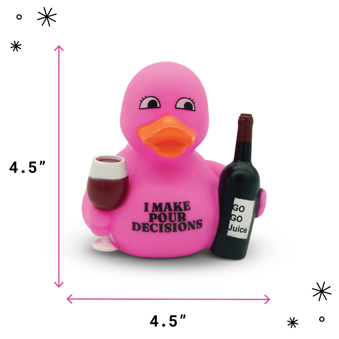Pink rubber duck holding a wine glass and bottle with text, labeled 4.5" on a white background.