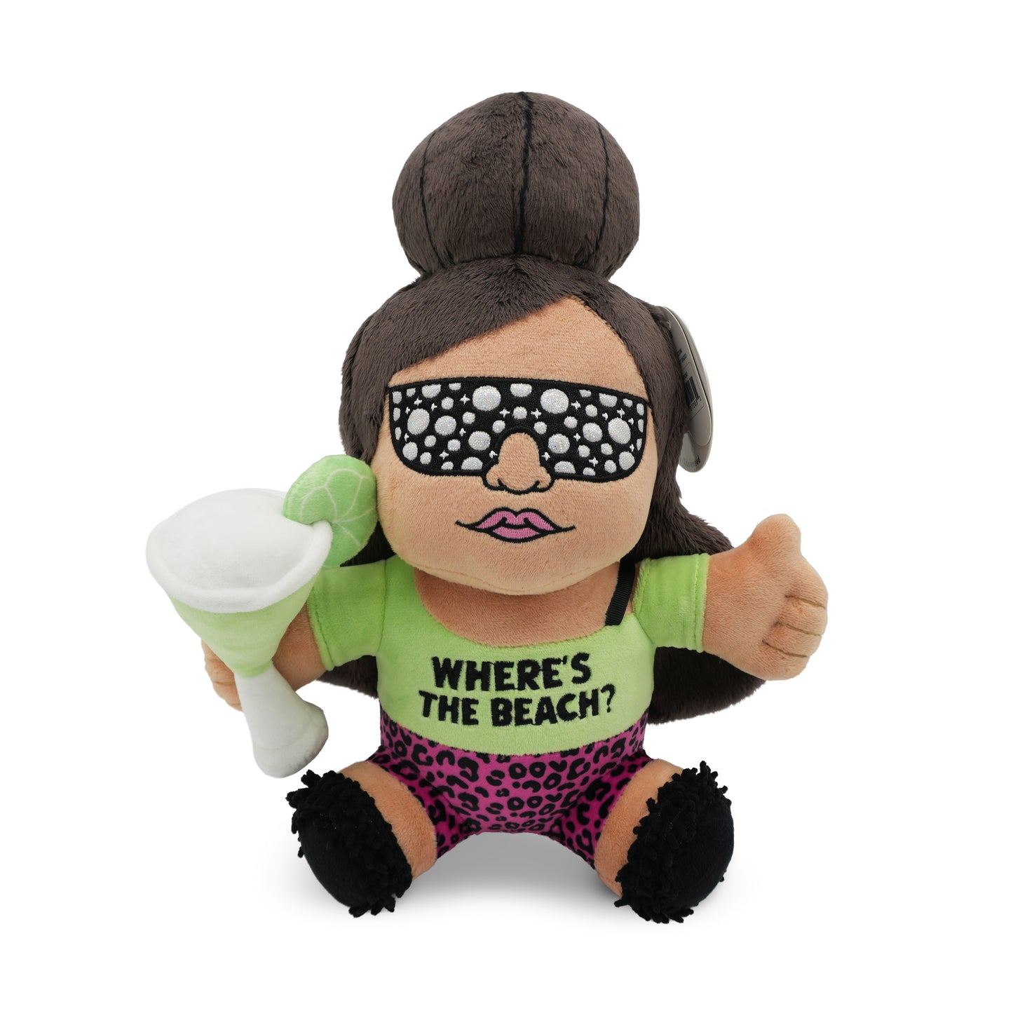 A plush made to look like Snooki. She's got her signature poof, is wearing bejeweled sunglasses, is holding a martini glass, and is wearing a shirt that says 'Where's the Beach?'
