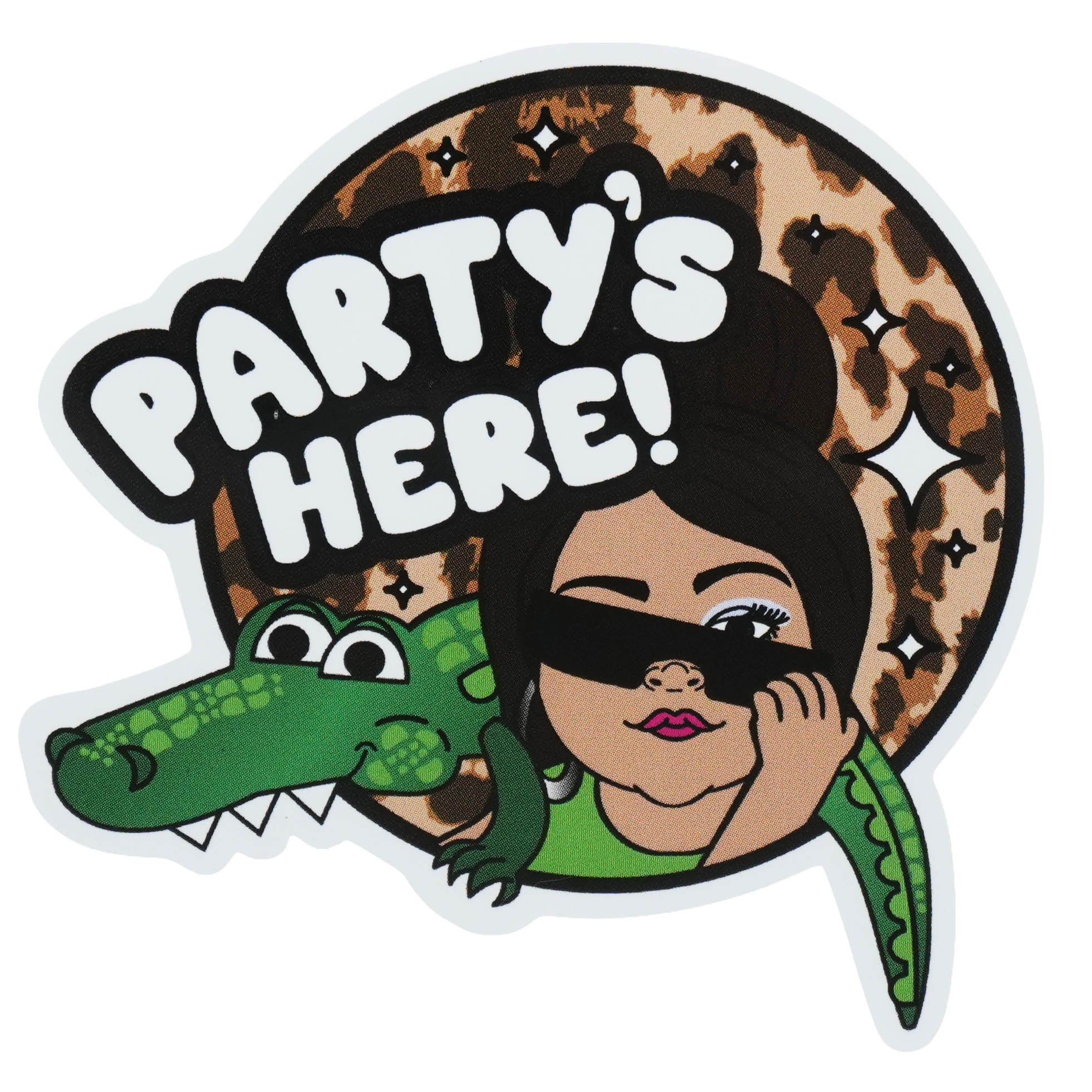A die-cut sticker featuring a cartoon Snooki with sunglasses, a green alligator, and the text 'PARTY'S HERE!' on a white background.