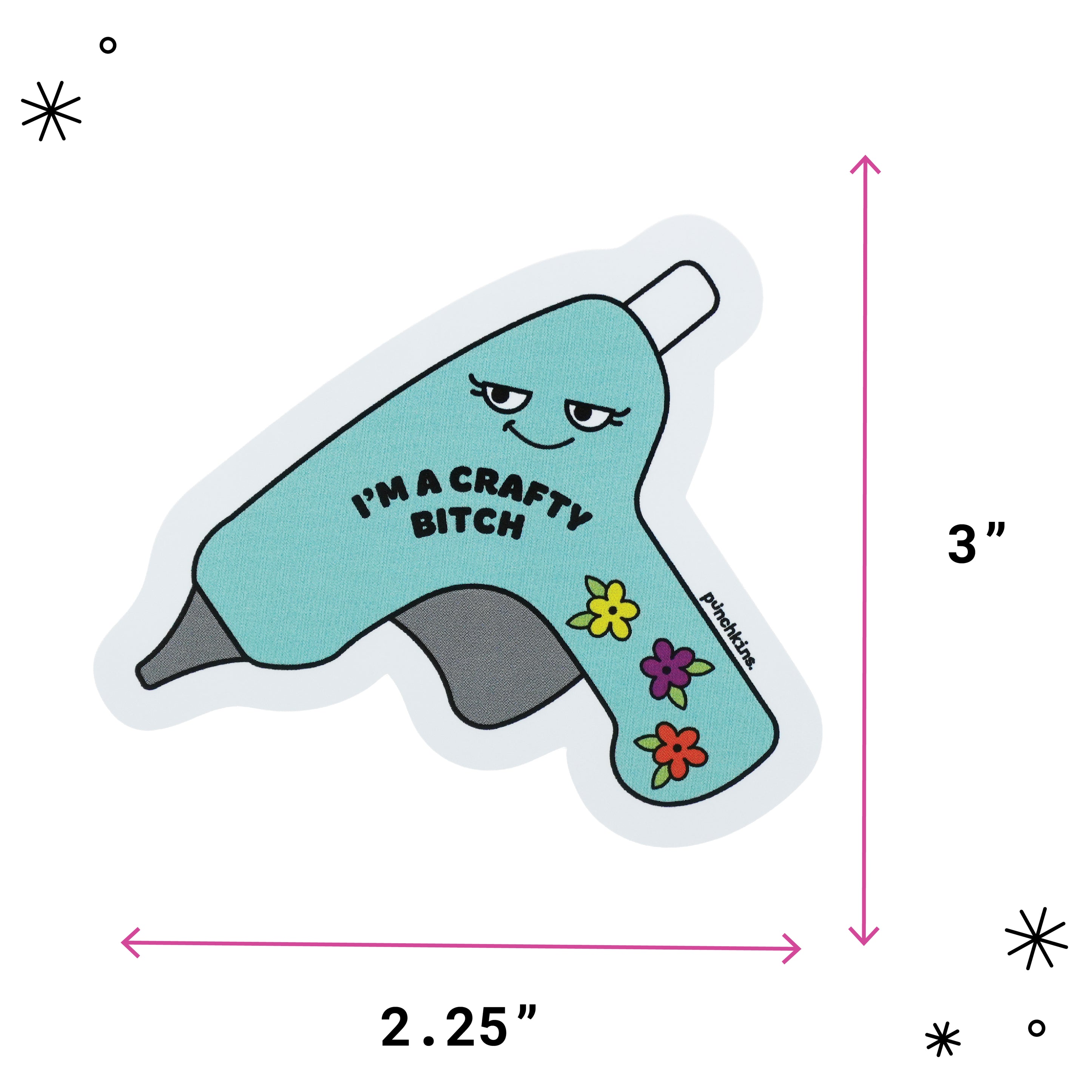 A die-cut sticker shaped like hot glue gun showing a measurement of 3 inches tall.
