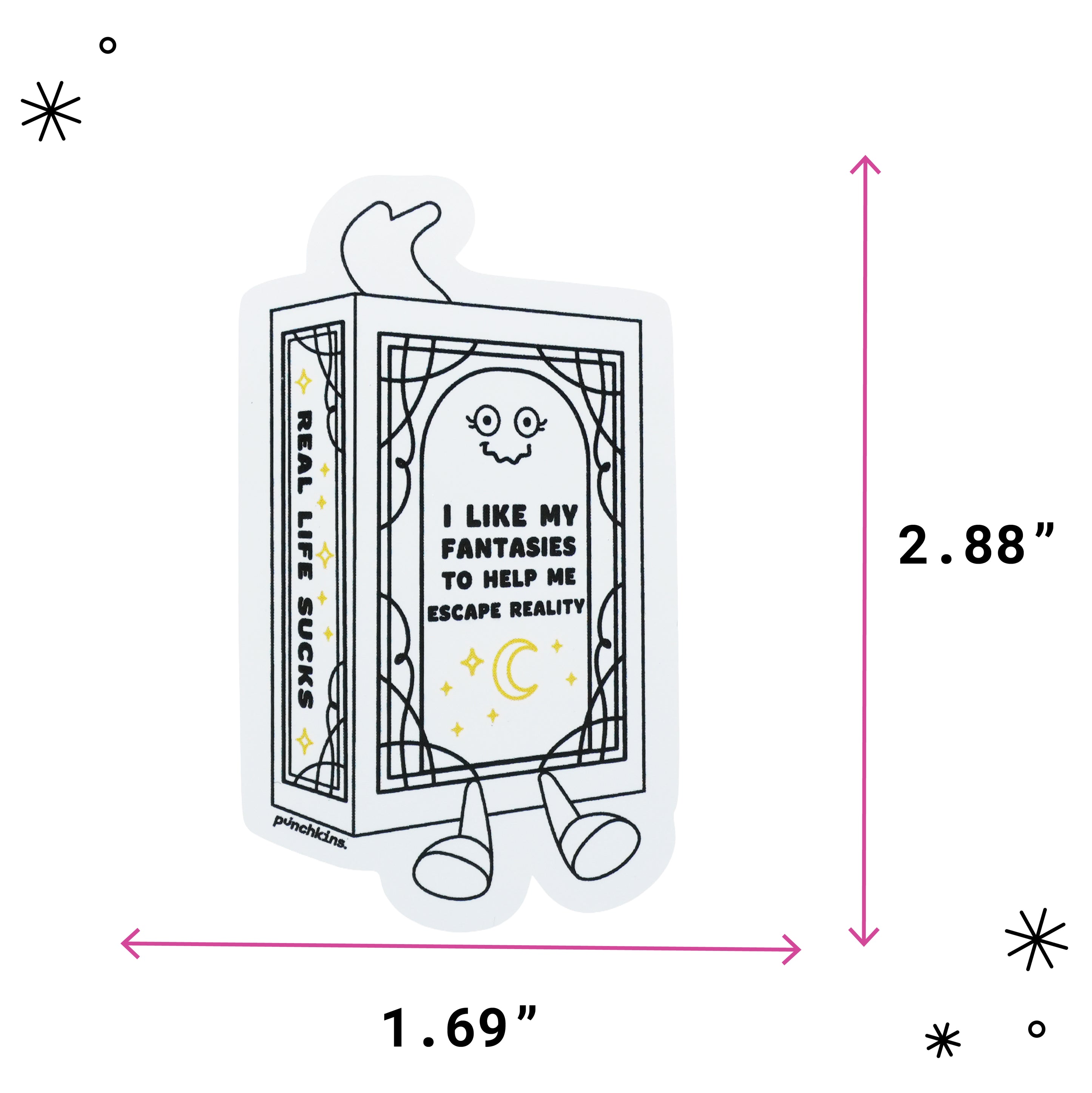 A die-cut sticker of a fantasy book, with pink dimension arrows and text showing measurements of 1.69 inches wide by 2.88 inches tall.