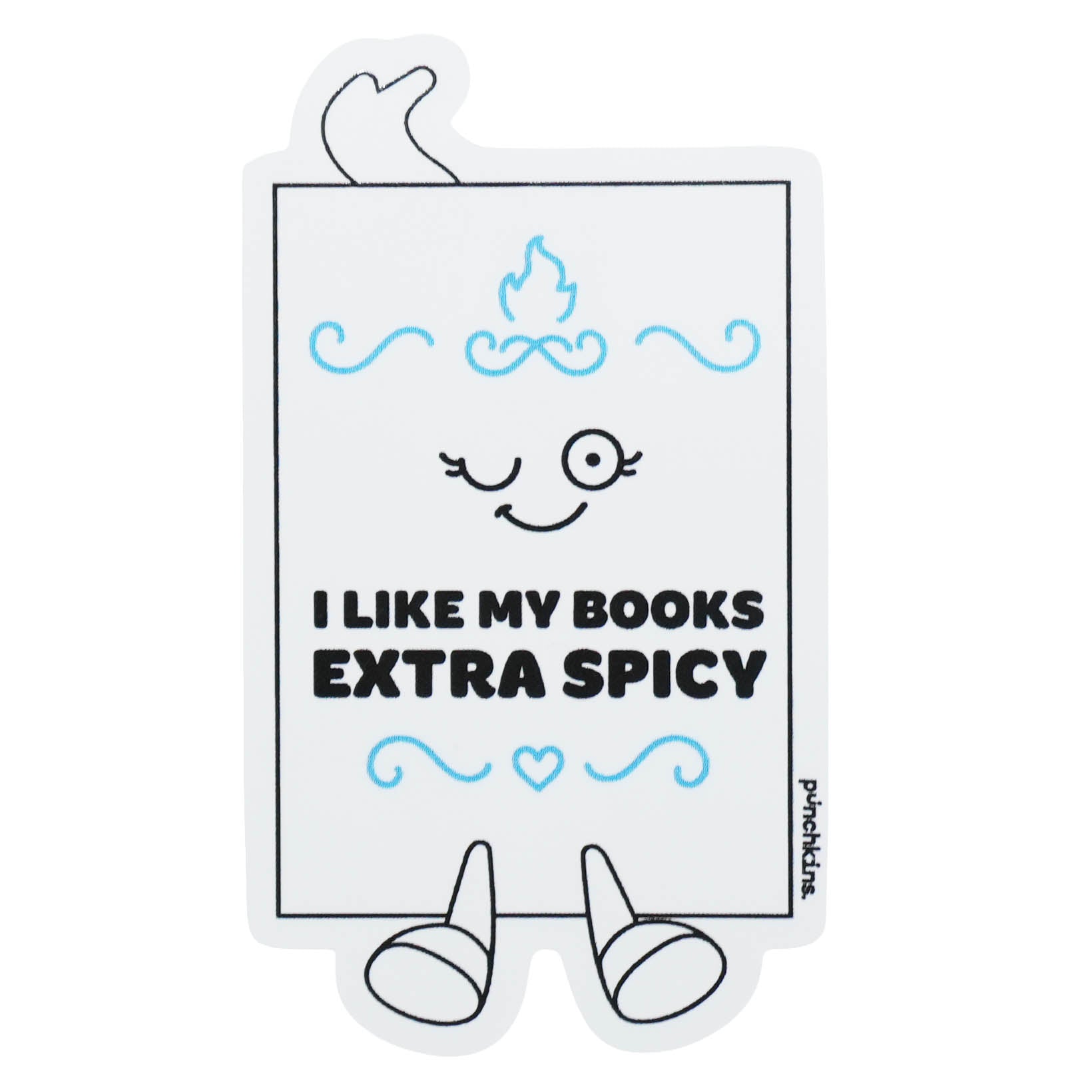 A die-cut sticker featuring a cute, smiling book character with the text 'I LIKE MY BOOKS EXTRA SPICY' in bold black letters. The book is decorated with light blue flame and heart motifs, and has small legs at the bottom.