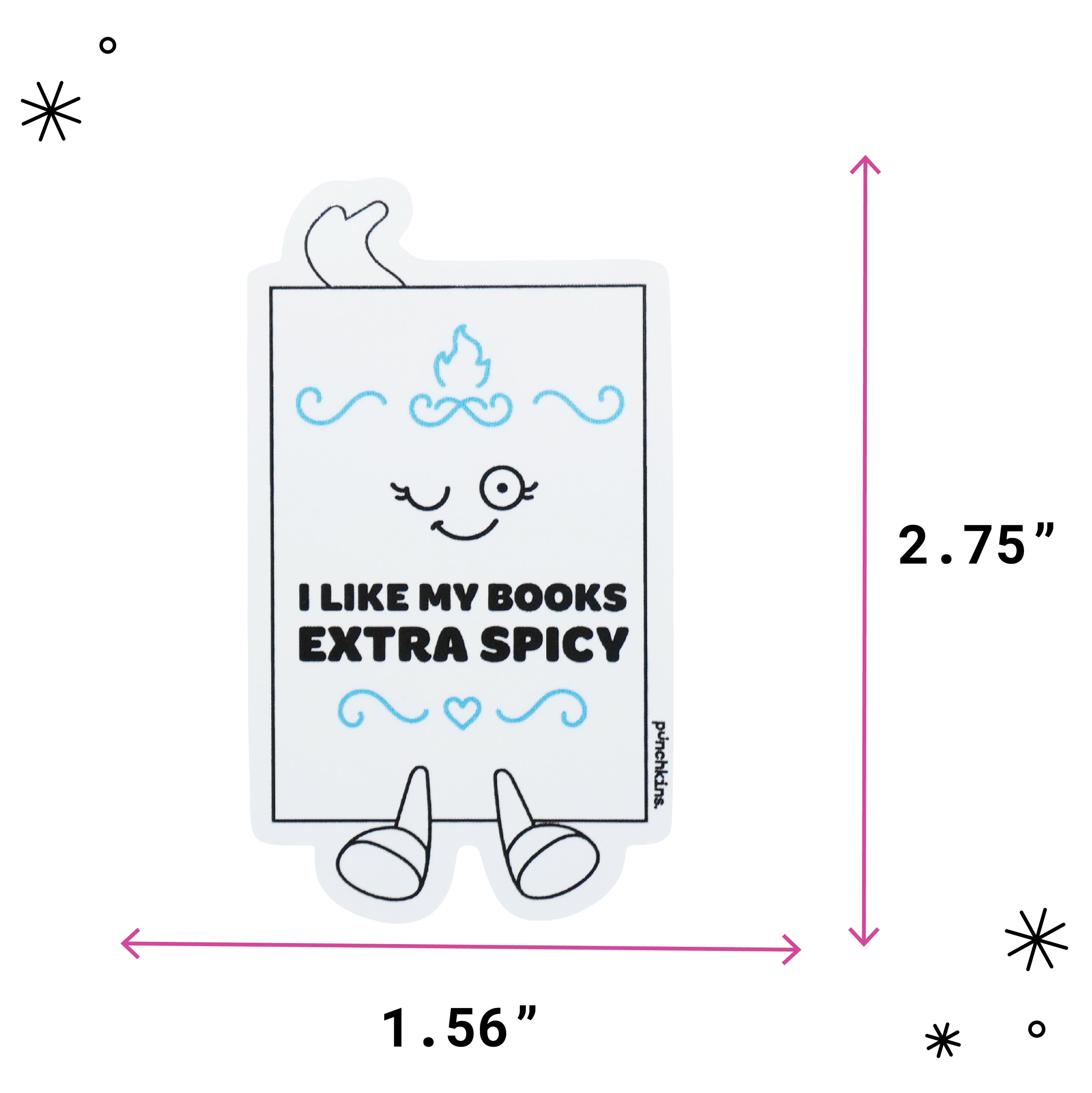 A book sticker with the text 'I LIKE MY BOOKS EXTRA SPICY,' showing the dimensions of 2.75 inches tall.