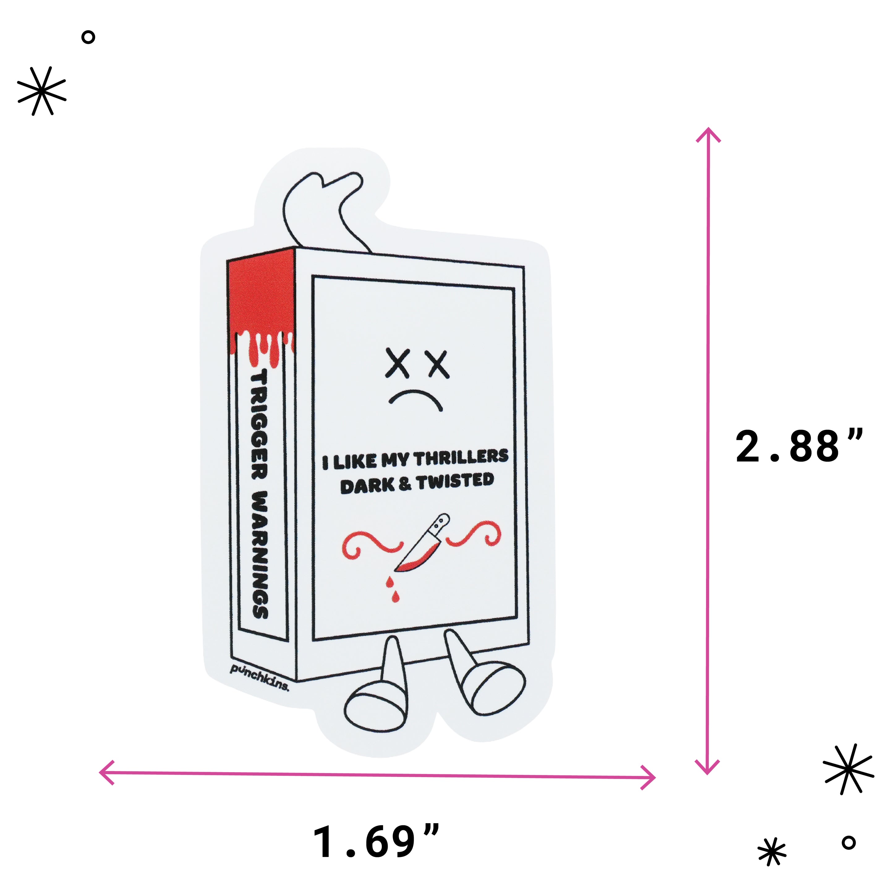 A cartoon-style thriller book sticker is shown with pink dimension arrows indicating 2.88 inches tall by 1.69 inches wide.