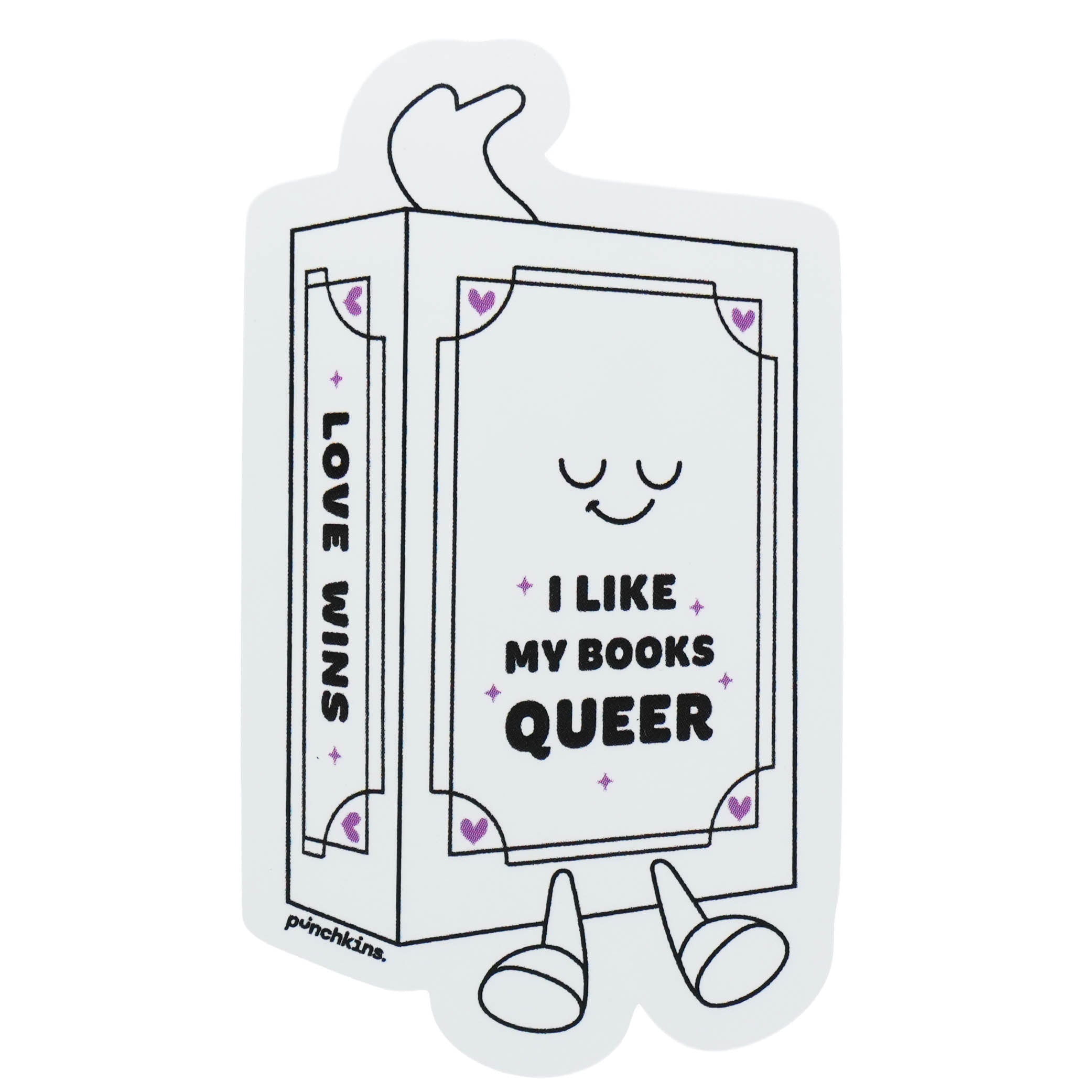 A die-cut sticker featuring a cute, cartoonish book character with legs and a smiley face. The book is white with black outlines and purple heart accents, with the text 'I LIKE MY BOOKS QUEER' on the front and 'LOVE WINS' on the spine.
