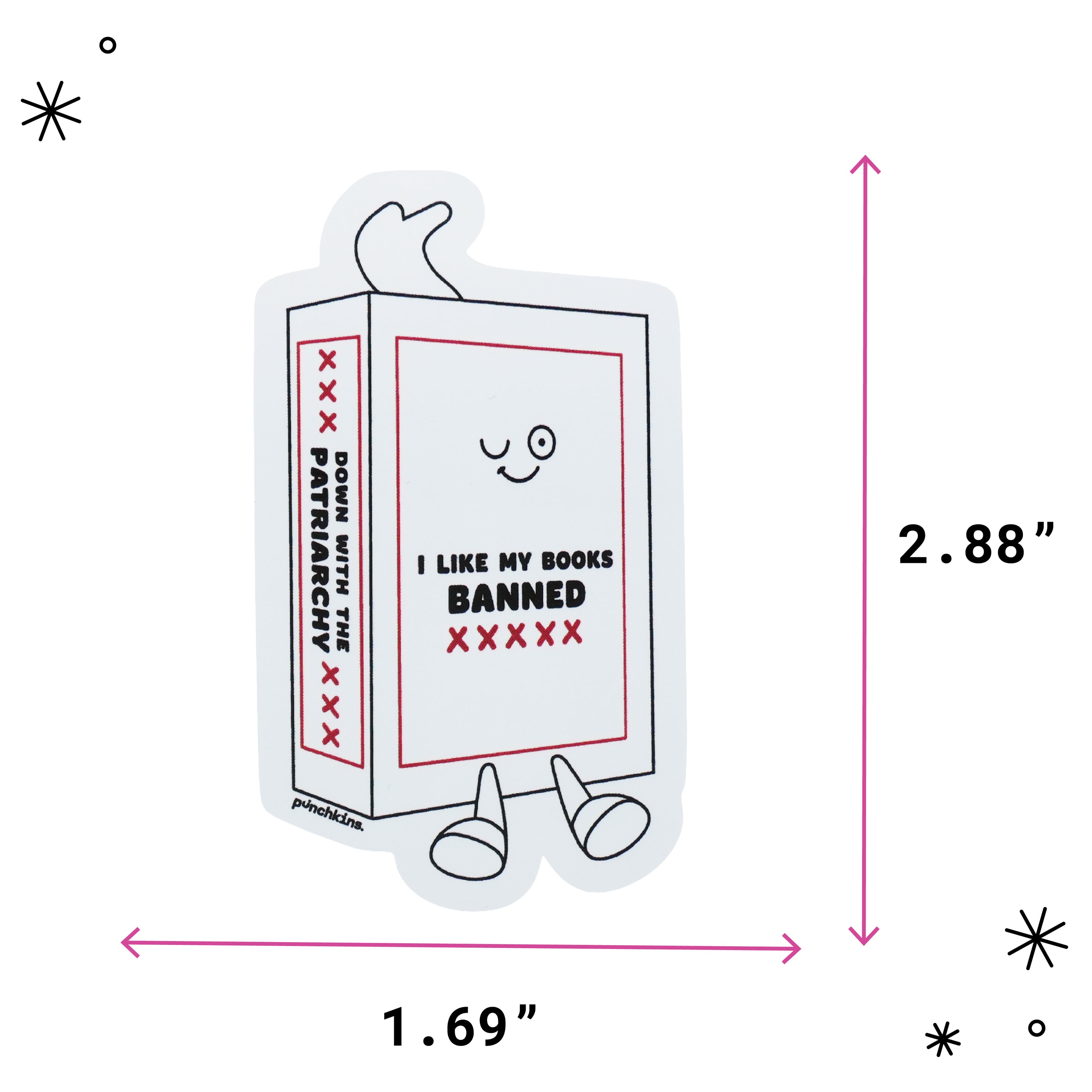A cartoon book-shaped sticker or decal with a smiling face and legs, shown on a white background with pink dimension arrows and text indicating 1.69 inches wide by 2.88 inches tall.