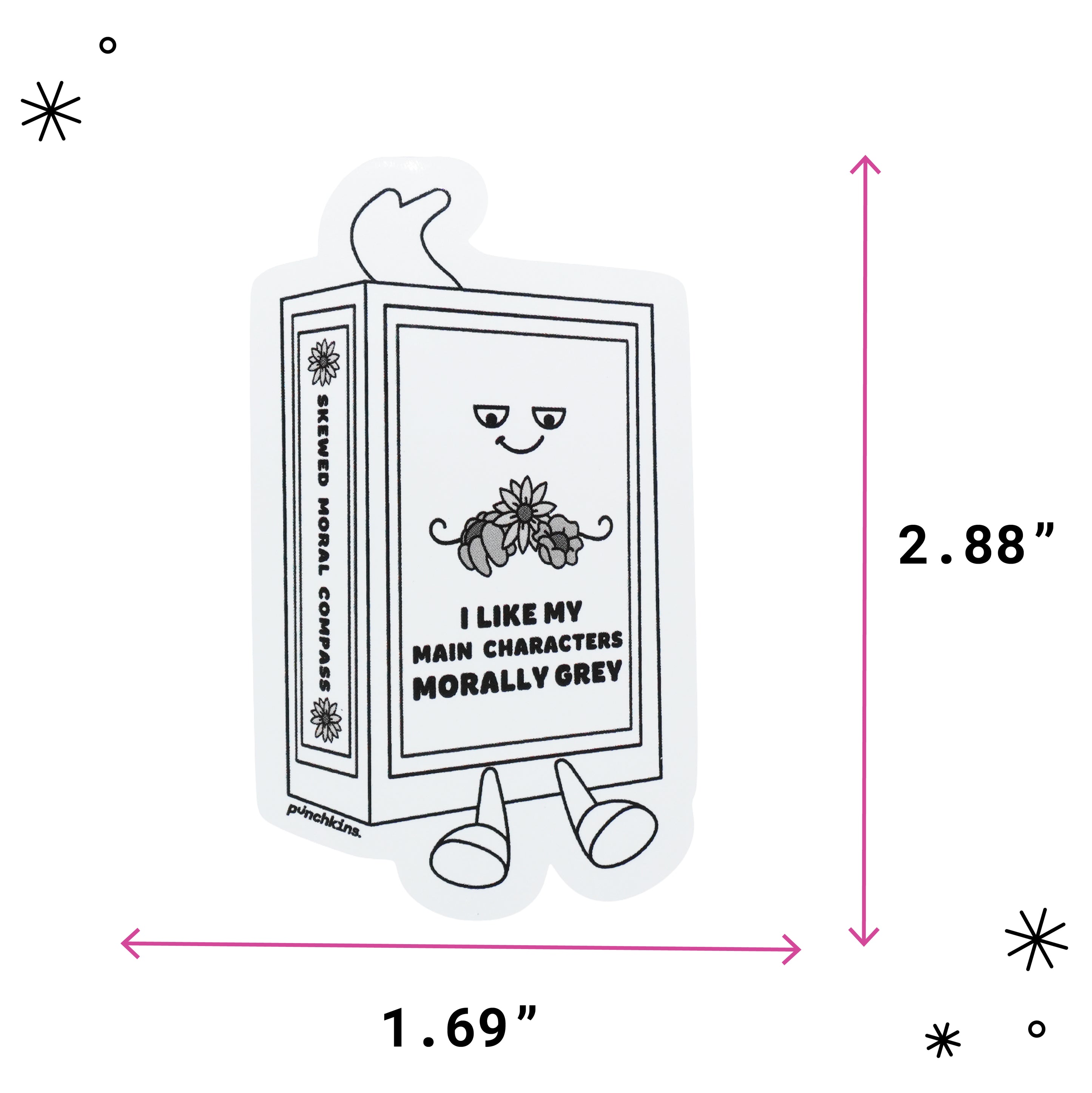 A cartoon book-shaped sticker is shown with pink dimension arrows and labels reading 1.69 inches wide and 2.88 inches tall.