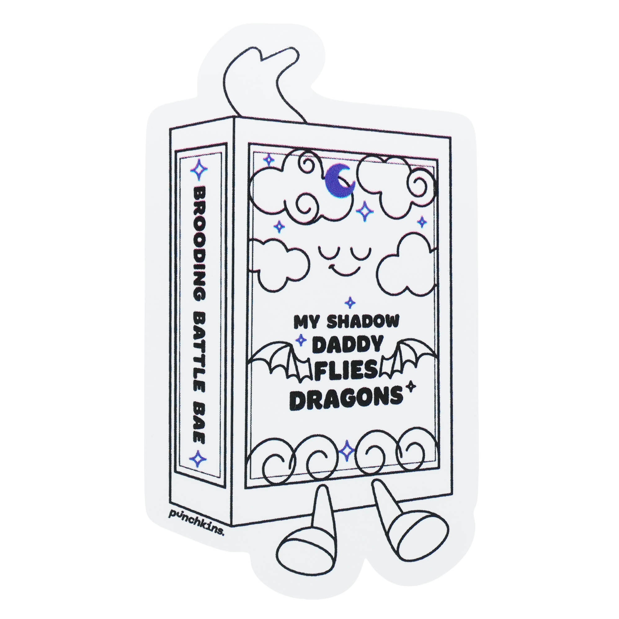 A die-cut sticker of a book with the text 'MY SHADOW DADDY FLIES DRAGONS' on the cover and 'BROODING BATTLE BAE' on the spine on a wite background.