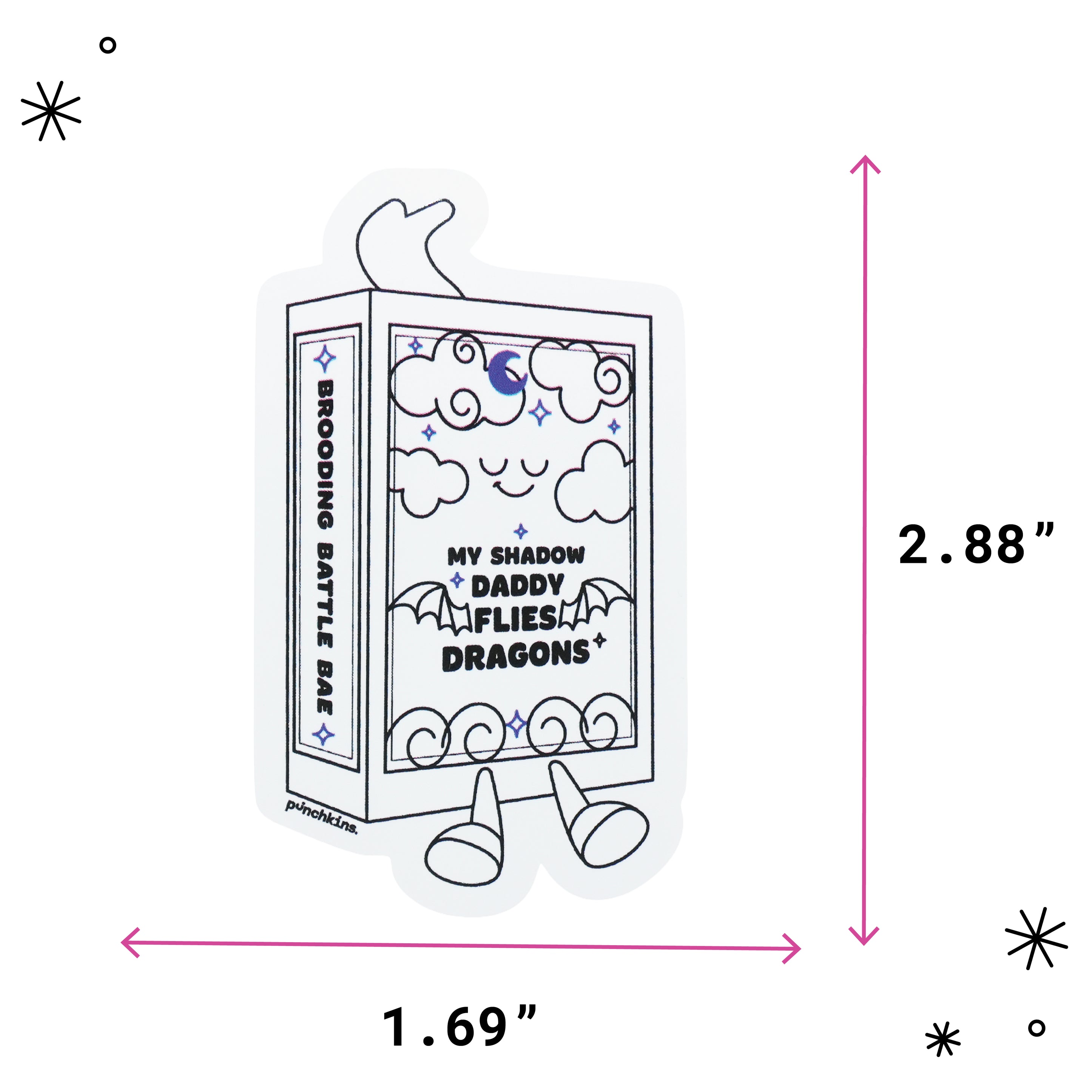 A die-cut sticker of a cartoon book shown with pink dimension arrows and labels indicating 1.69 inches wide by 2.88 inches tall.