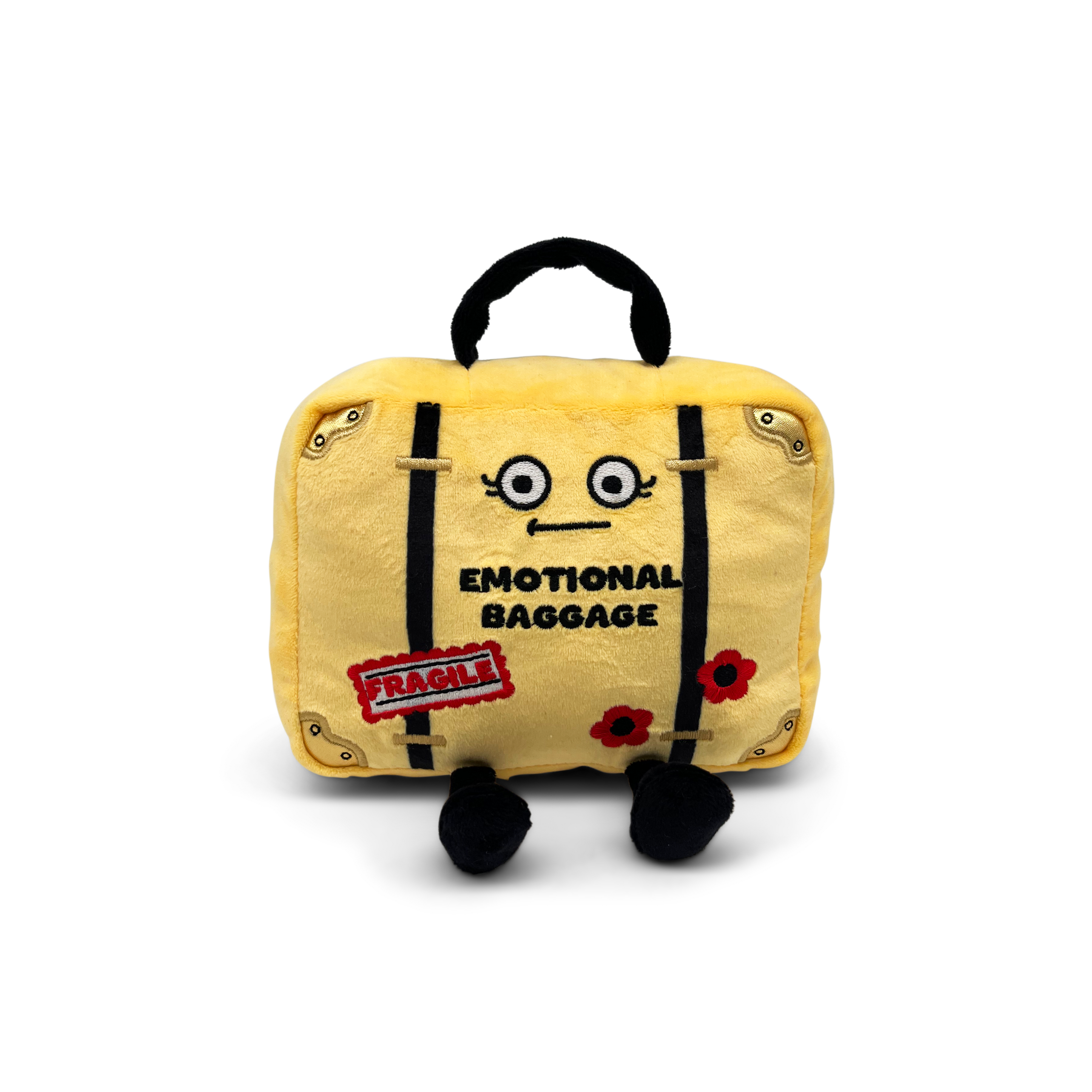 A plush suitcase with a label that reads 'EMOTIONAL BAGGAGE.' 