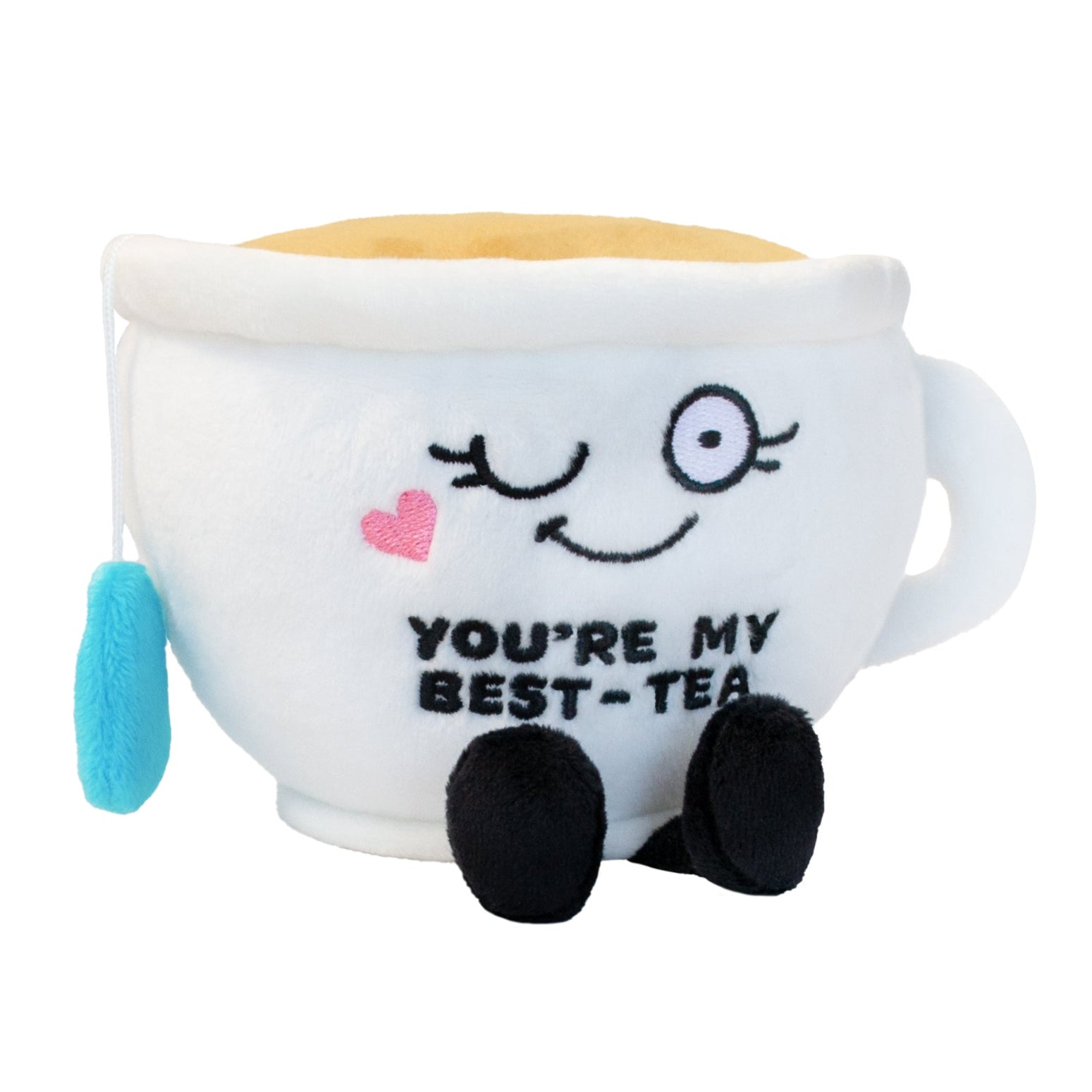 A plush resembling a white teacup featuring a smiling face and the text 'YOU'RE MY BEST-TEA' written on it. 