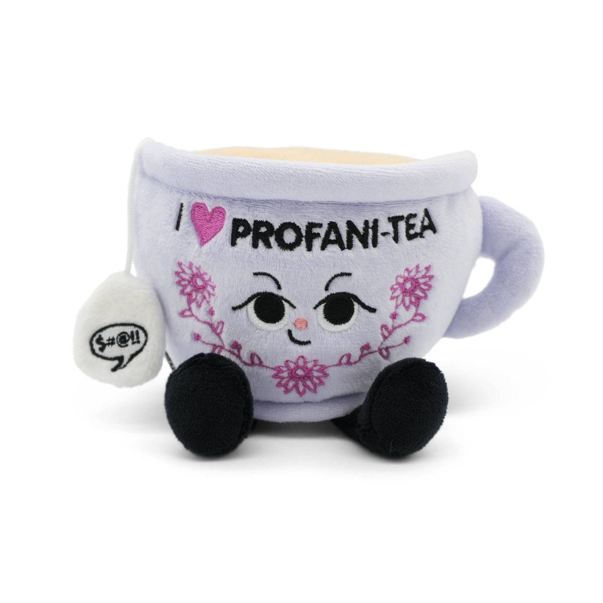 Plush toy resembling a teacup with 'I love PROFANI-TEA' text on a white background.