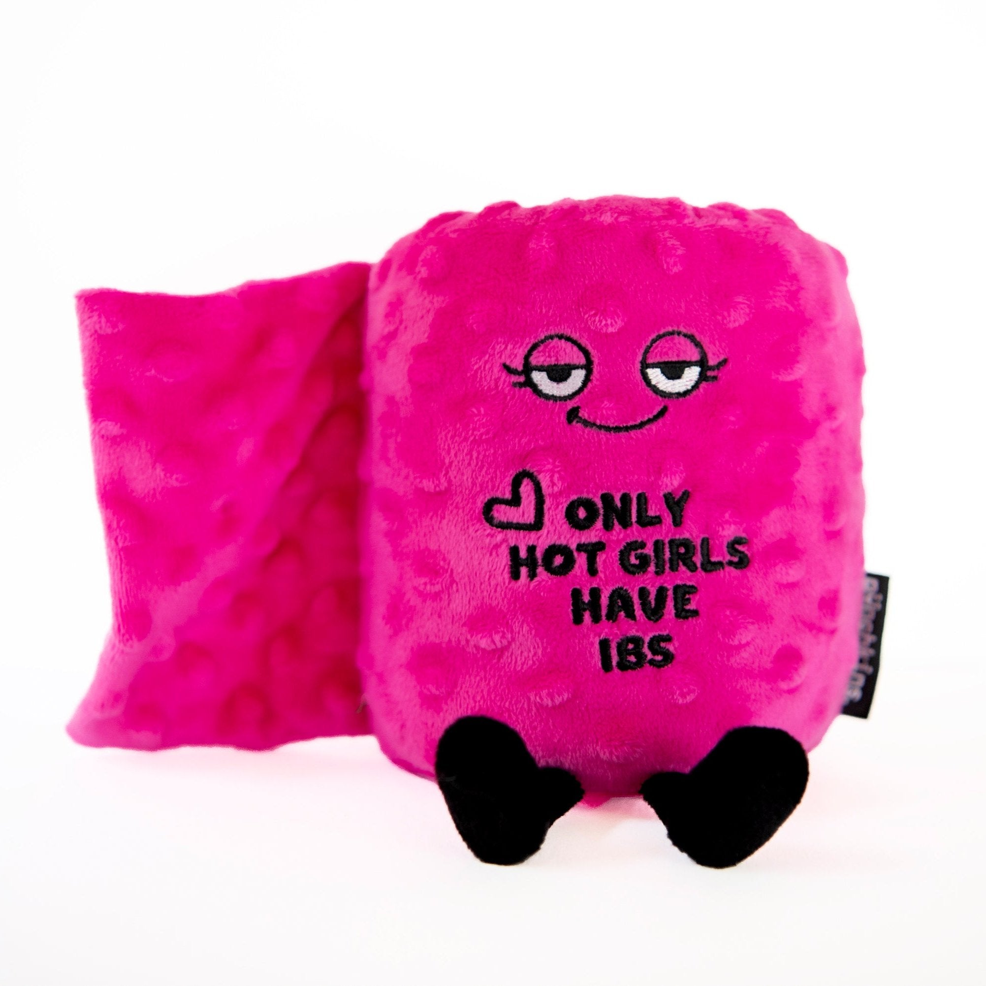 A plushie resembling a roll of toilet paper with a face, text that reads 'Only hot girls have IBS', and hot pink color.