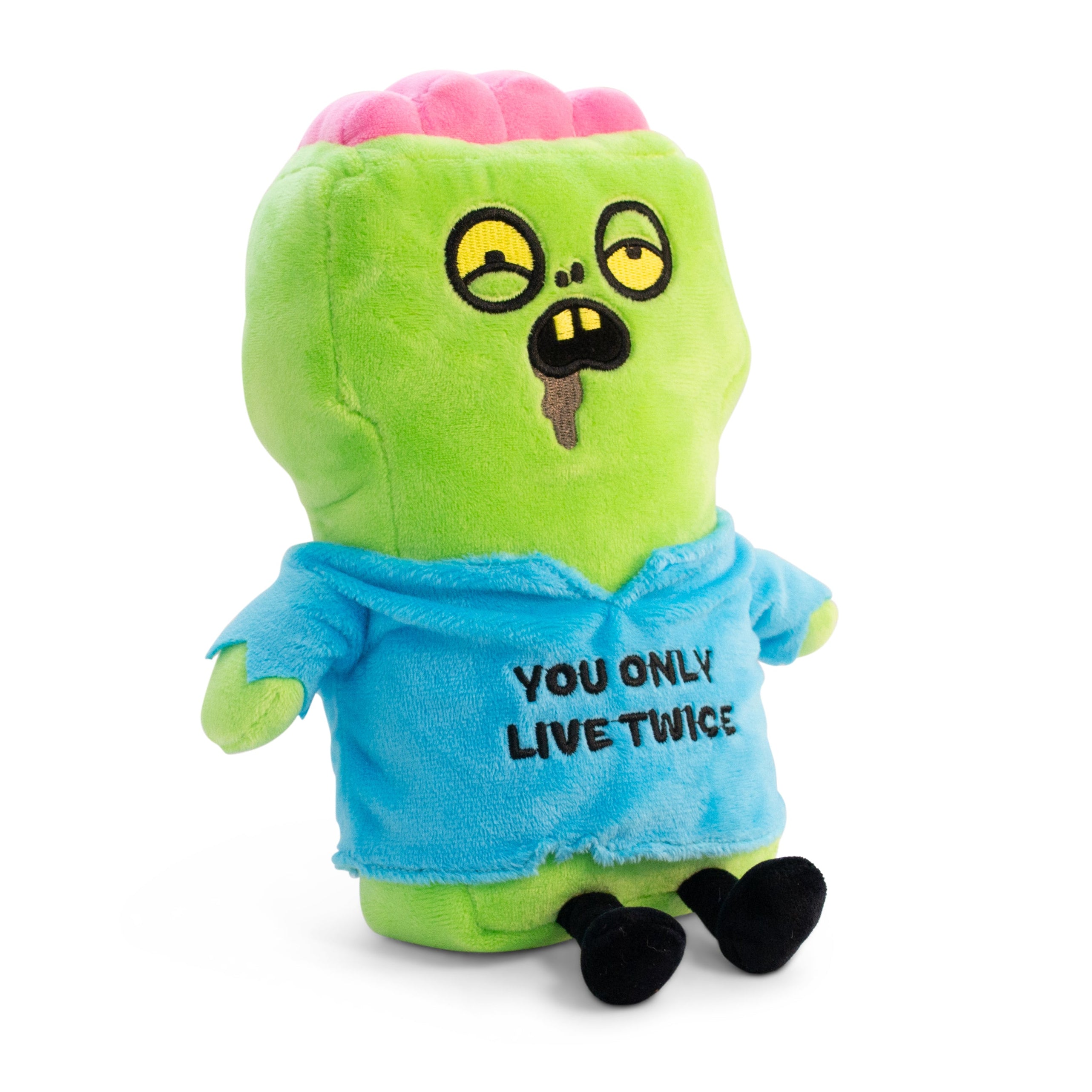 A plush depicting a cartoonish zombie with a bright pink brain, green body, and wearing a blue shirt with the text 'YOU ONLY LIVE TWICE'.