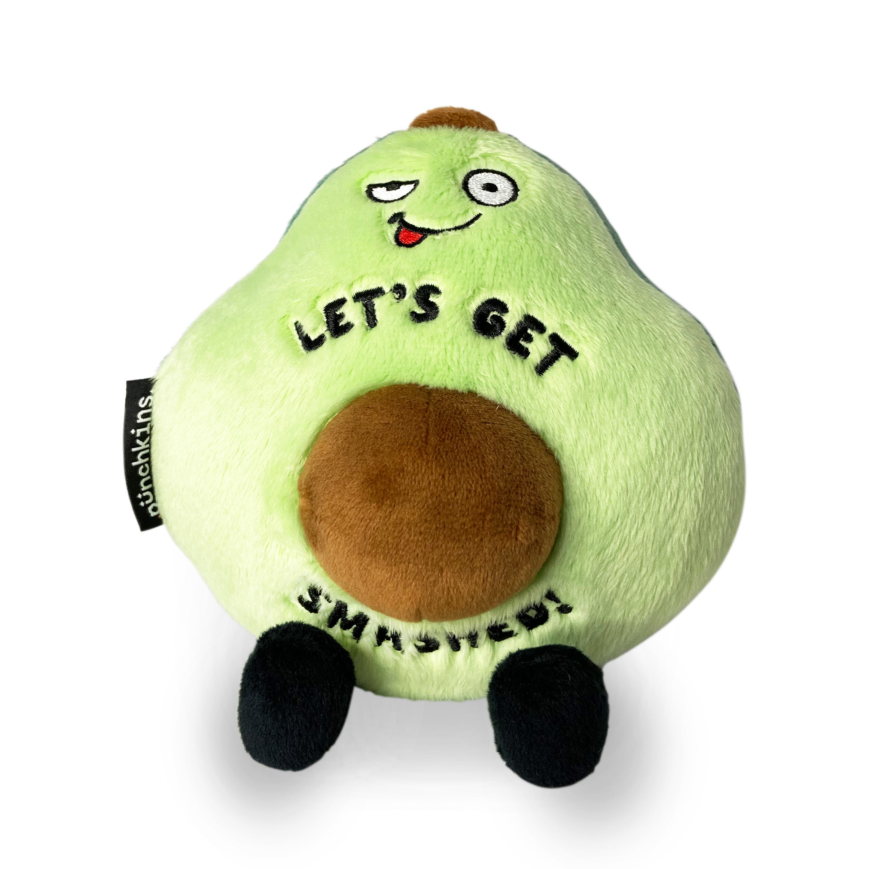 A plush resembling an avocado with a smiling face and the phrase 'LET'S GET SMASHED!' printed on its body.