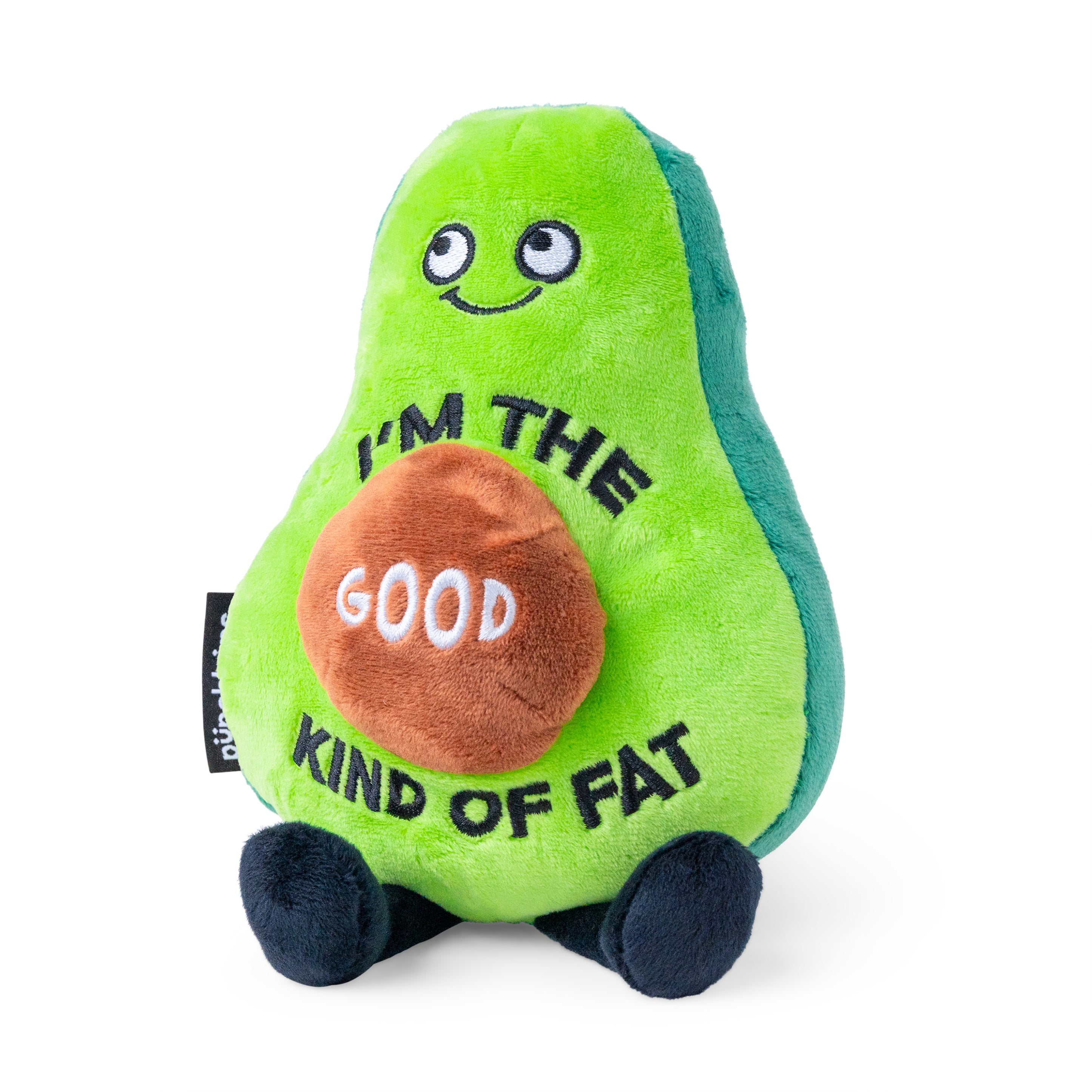 Plush of an avocado with that says, "I'm the good kind of fat" on a white background. 